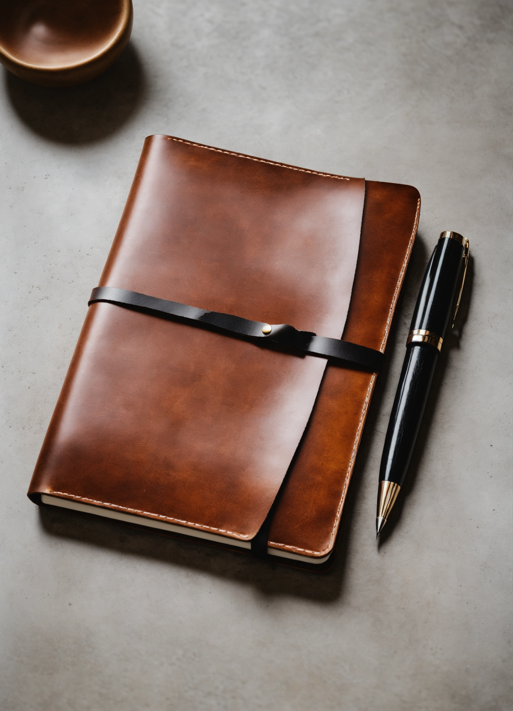 Lexica - Leather notebook with pen lying on a white table, top view ...