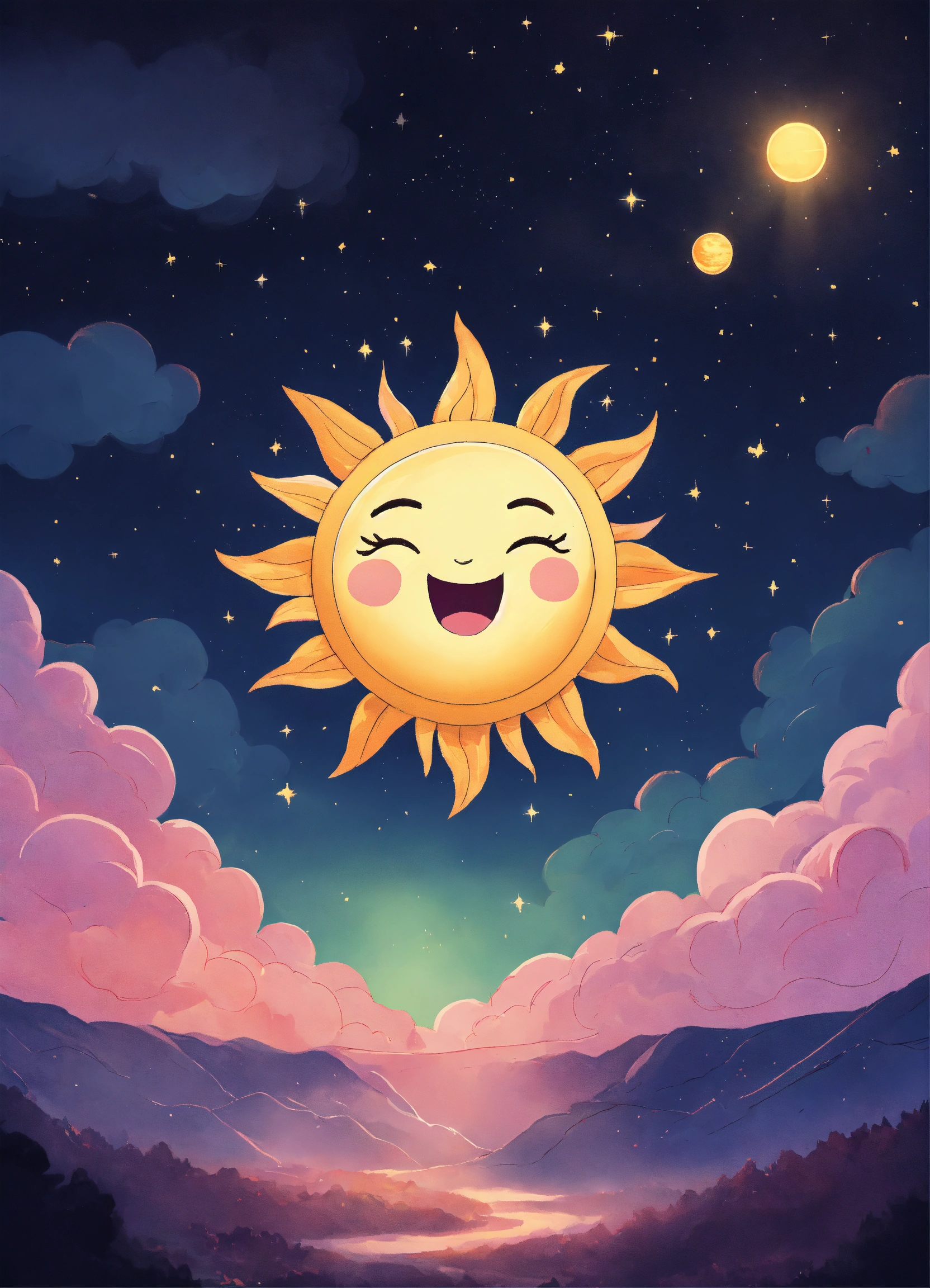 Lexica - An image of cute Sun shining in the night sky, looking into ...
