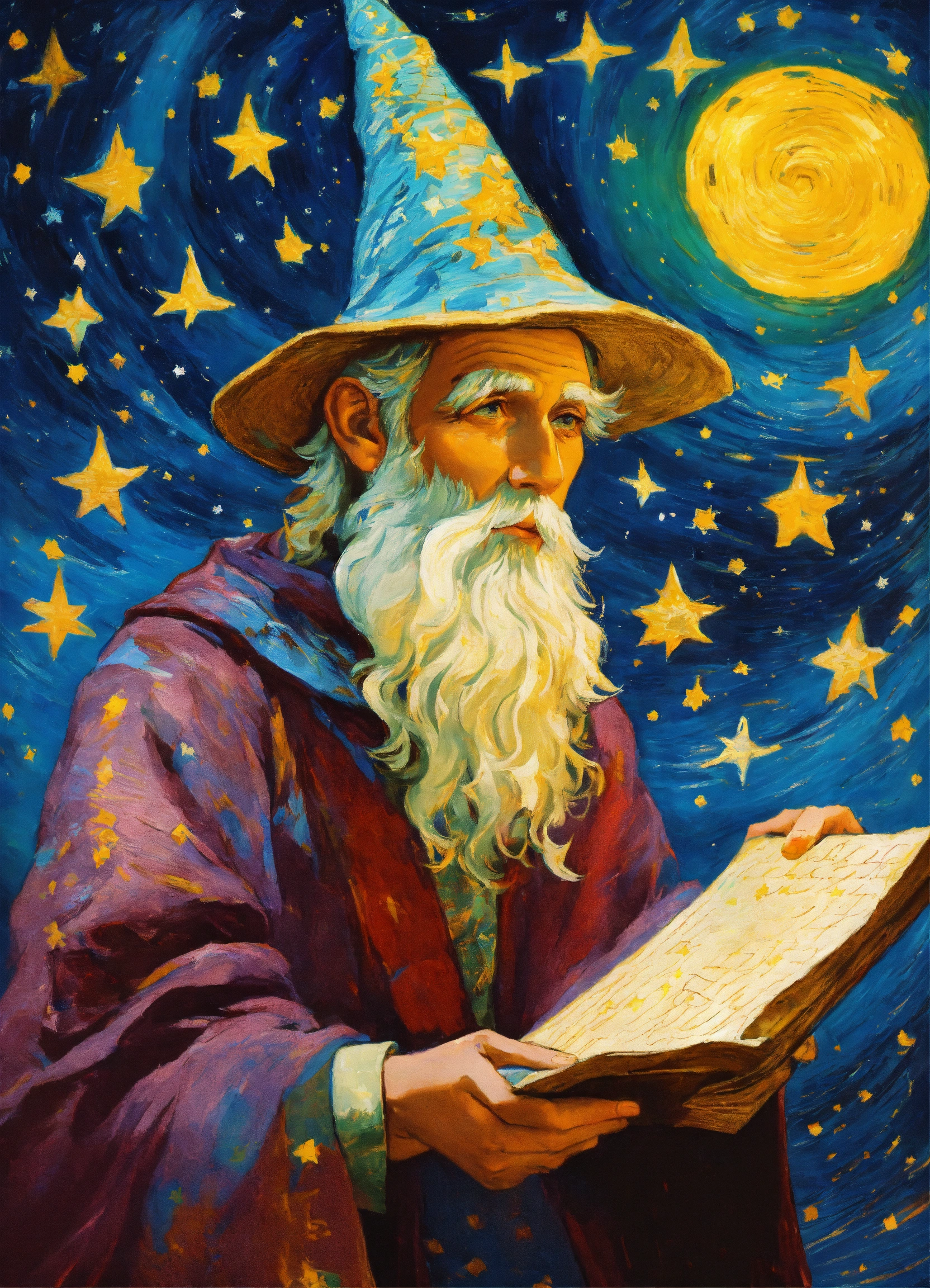 Lexica - Merlin wearing a wizard hat with stars studying ancient ...