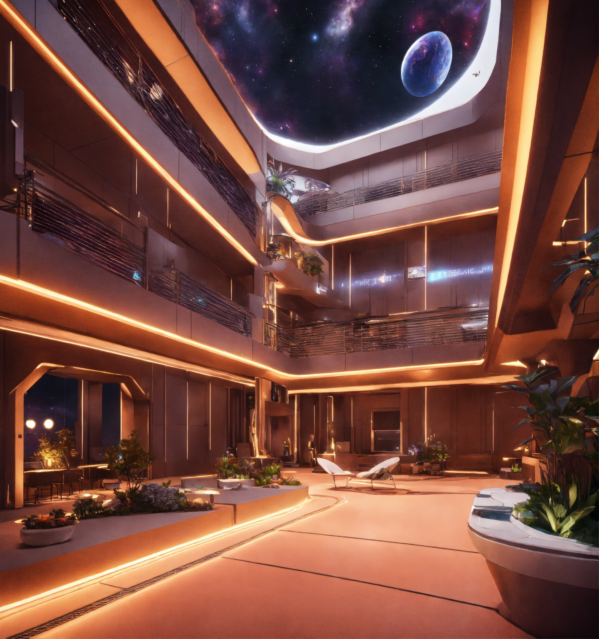 Lexica - Space port hotel courtyard cosmic atrium in deep space, cosmic ...