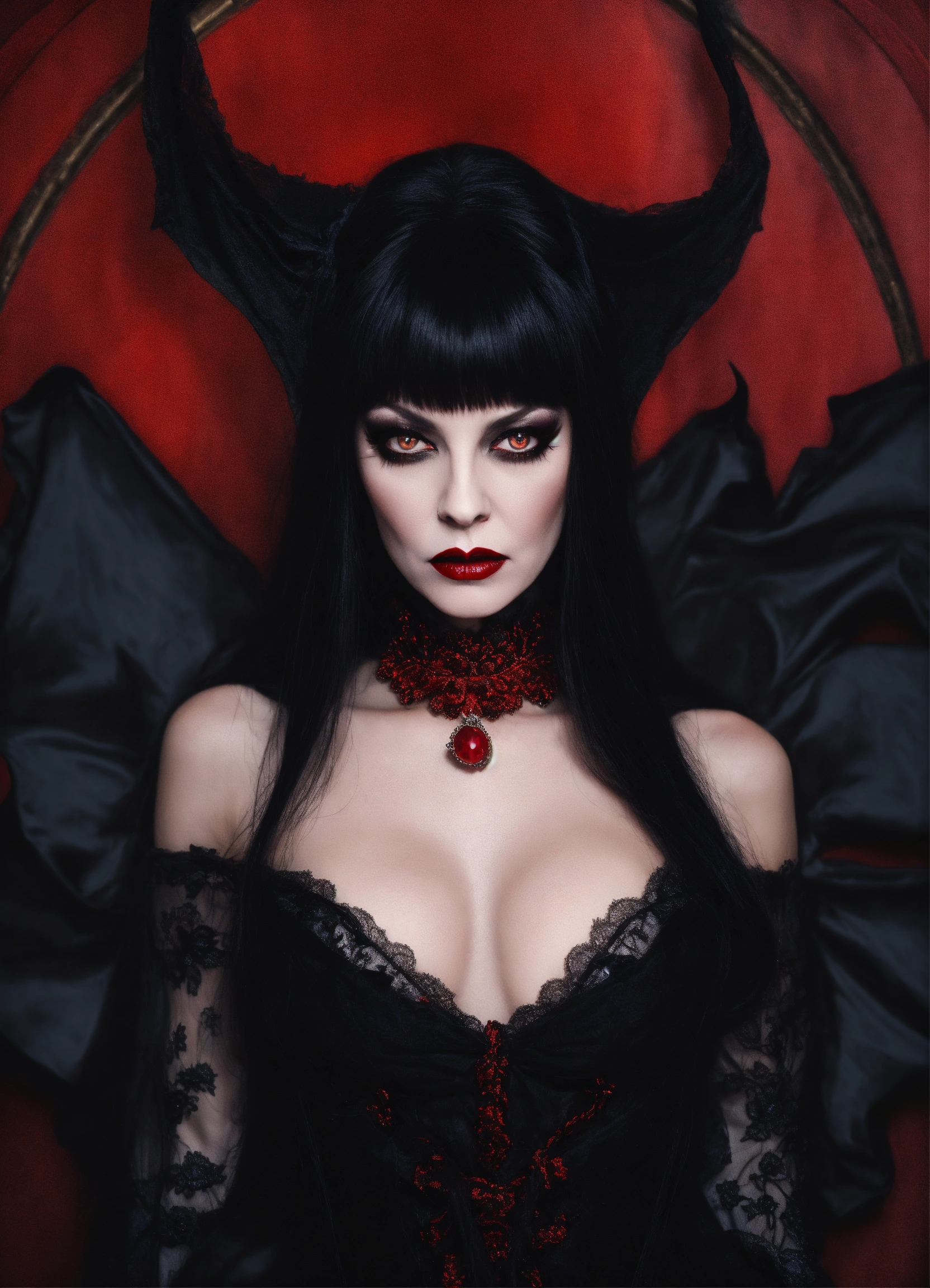 Lexica Portrait Of Elvira As A Gothic Vampire With Red Lips Red Eyes