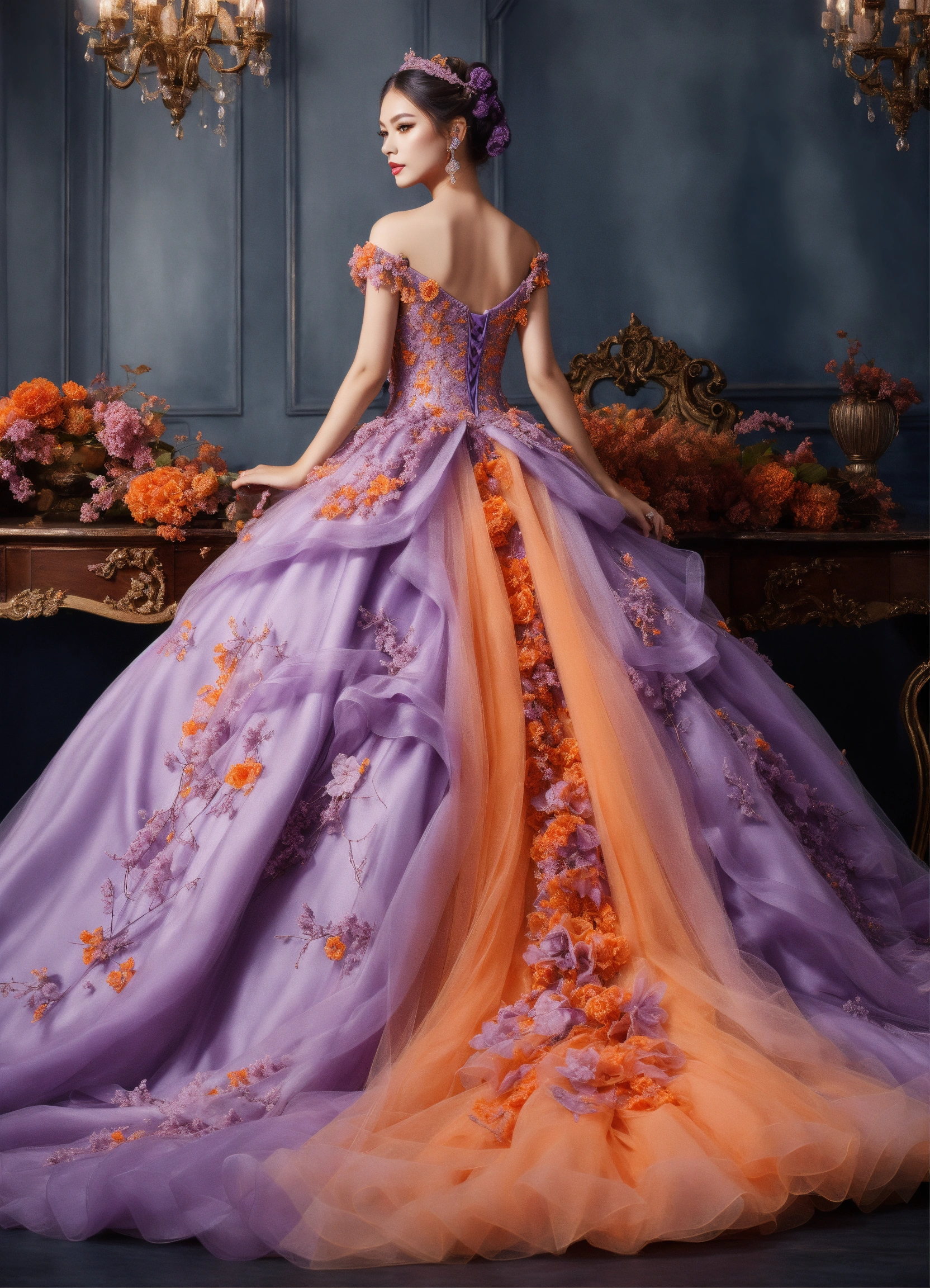 Lexica - JiU extravagant lilac and orange dark fantasy style ball gown ...