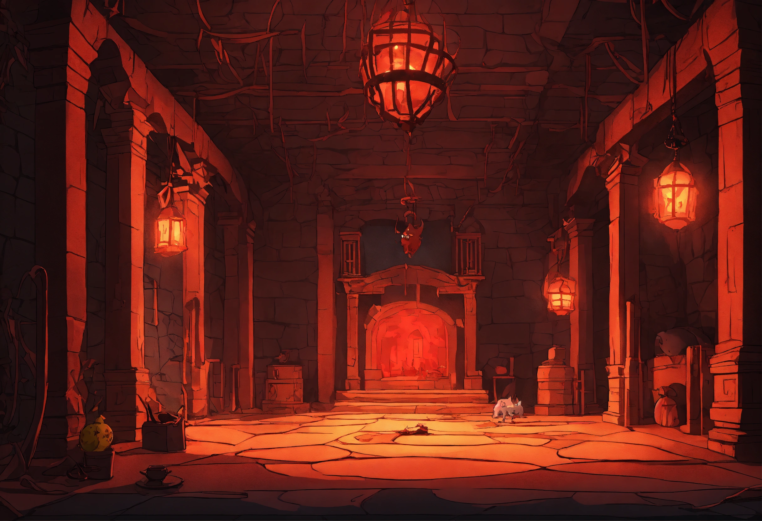 Lexica - Generate an image of a dimly-lit, epic and evil cartoony scene ...