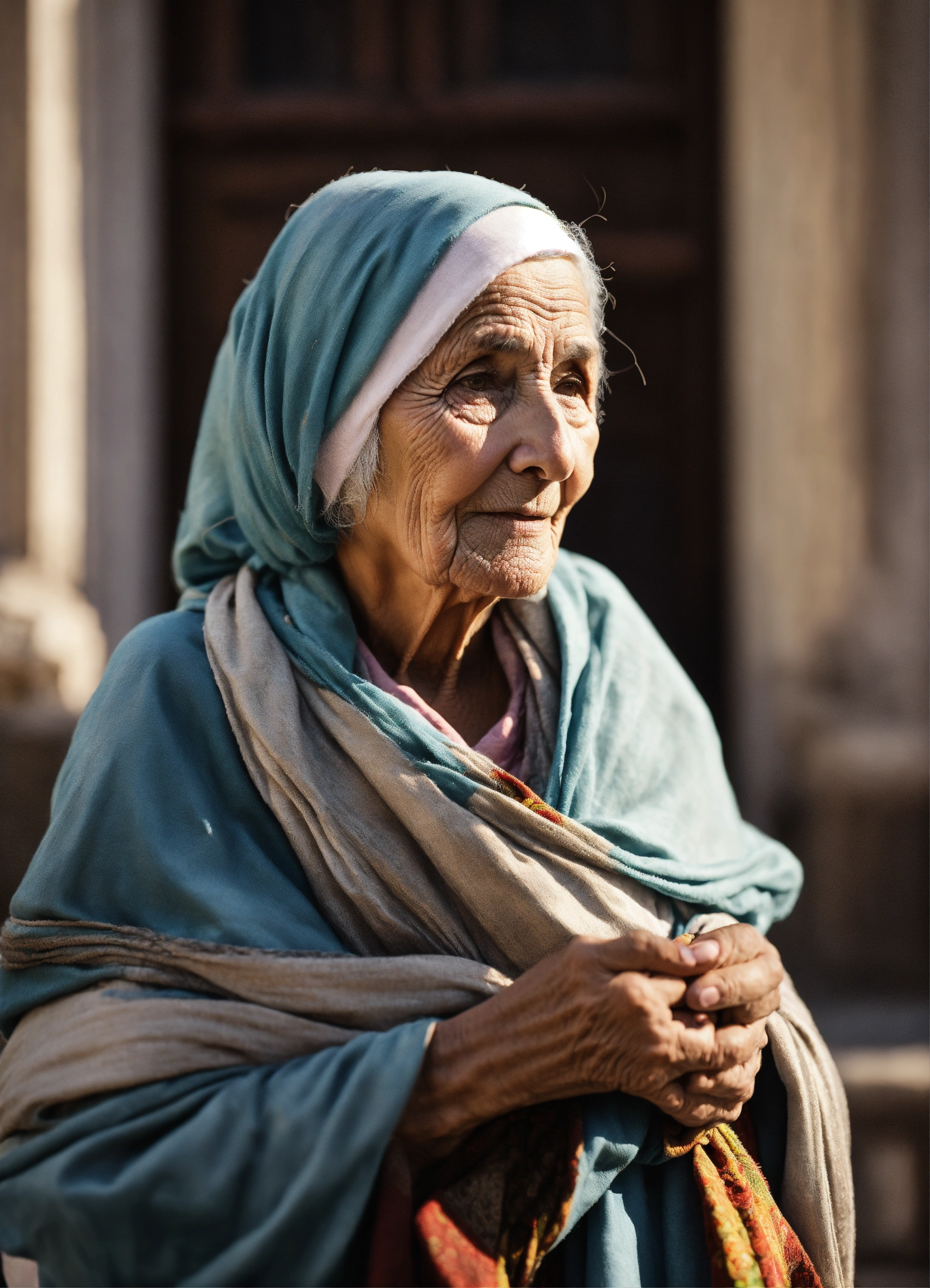 Lexica Old, poor woman, dressed in rags, shawl over her shoulders, asks for charity in front