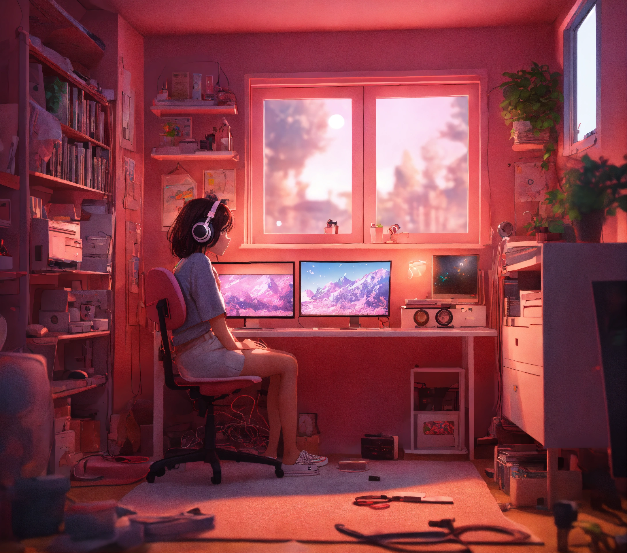 Lexica - Cute lofi girl in front of his computer in her cozy and messy ...