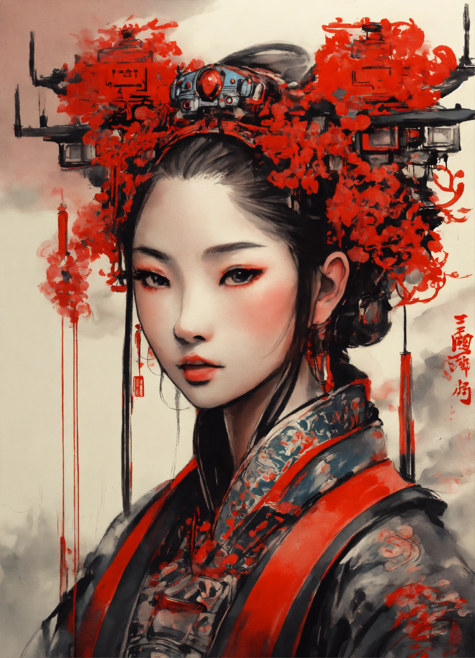 Lexica - Shuǐmò huà, 水墨画, black and red ink, a robot beautiful girl in ...