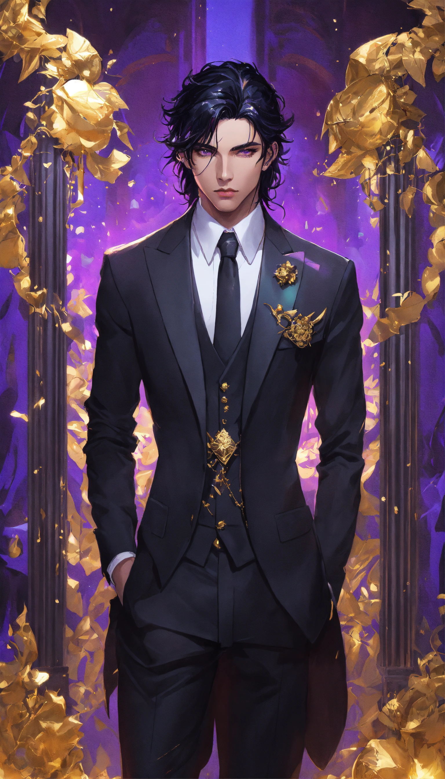 Lexica - Fullbody Portrait of a man in a black suit, gold adornments ...