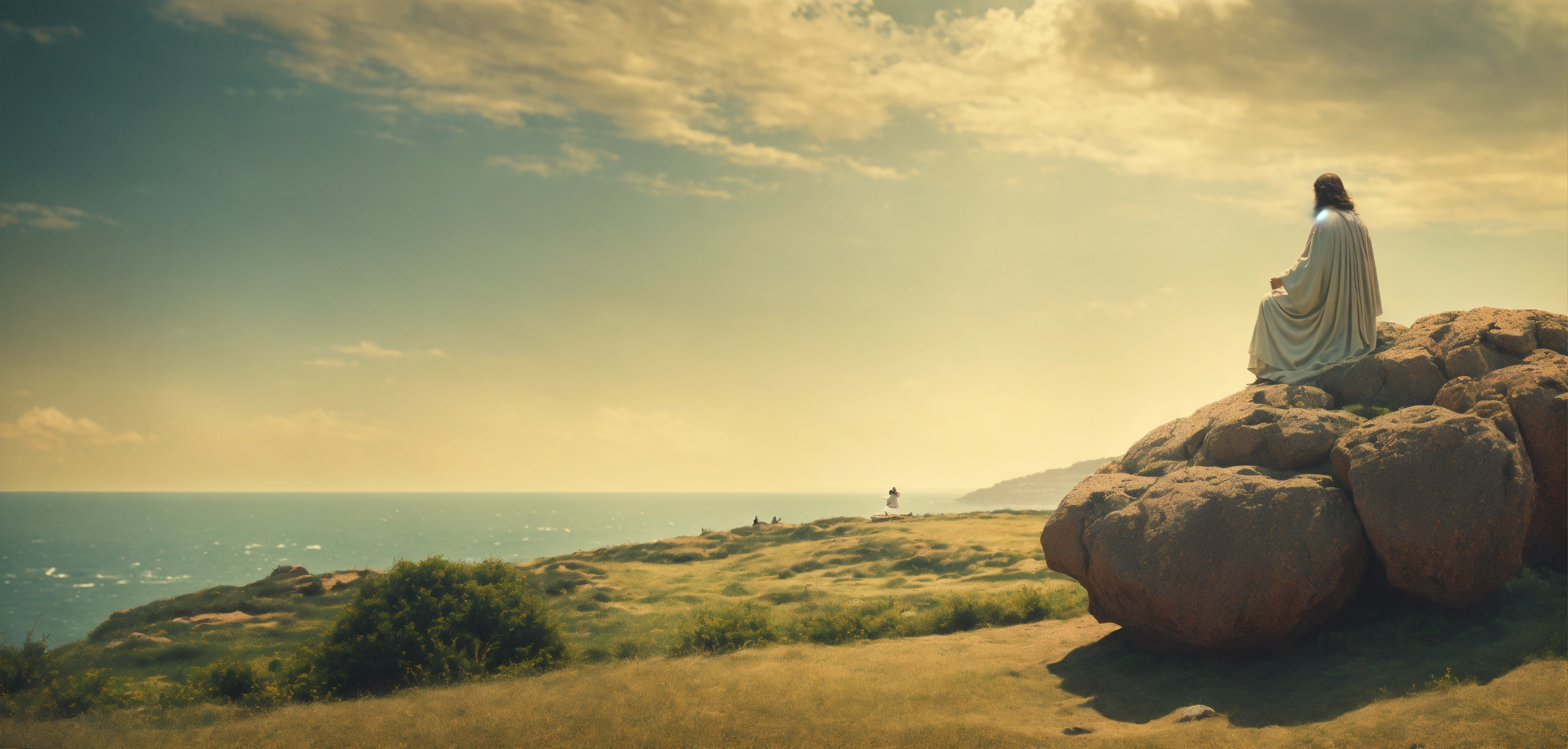 Lexica - Back view of jesus christ on a rock looking at the field ...