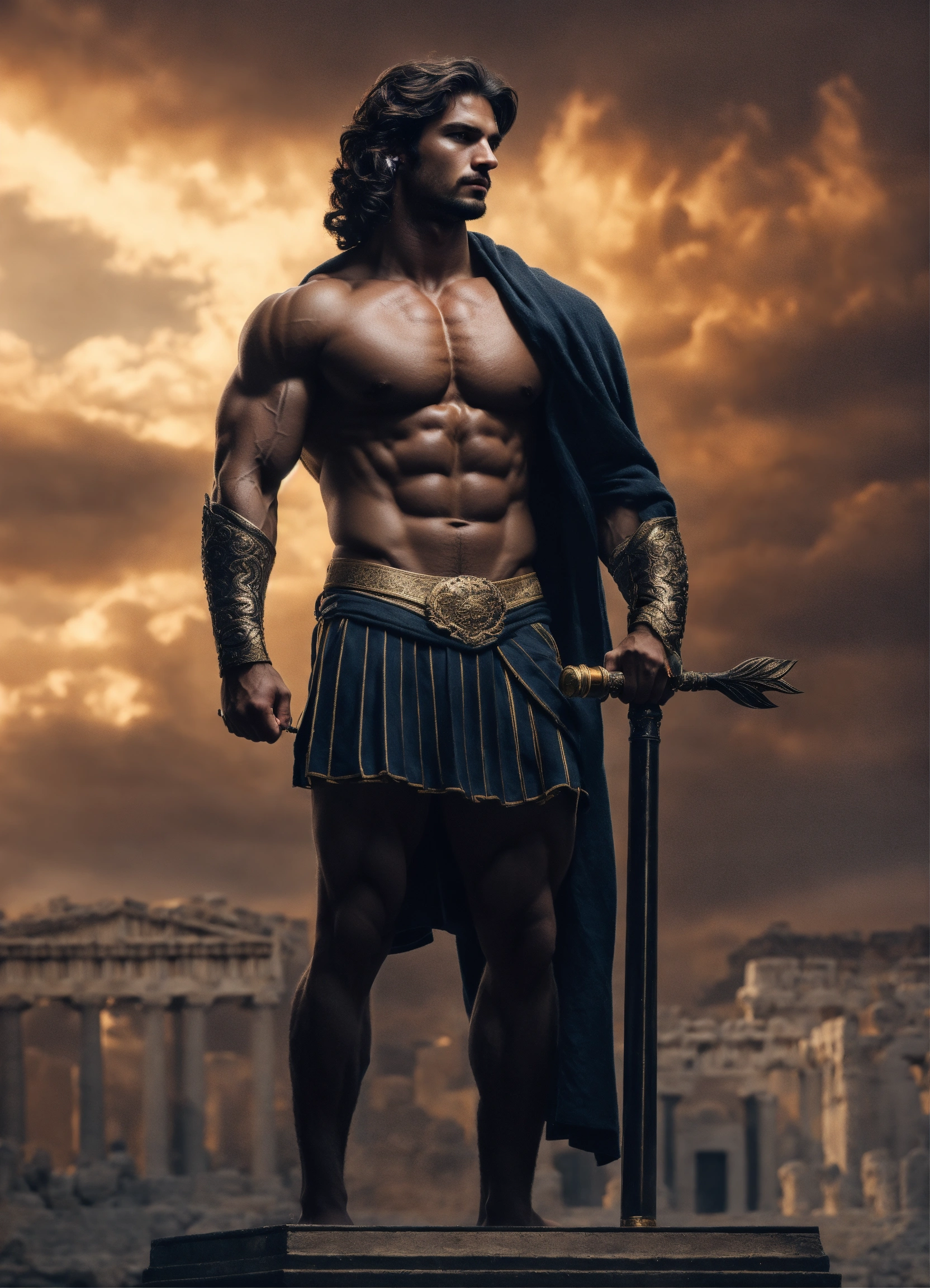 Lexica - A muscular greek god with middelparting hair in matt black ...