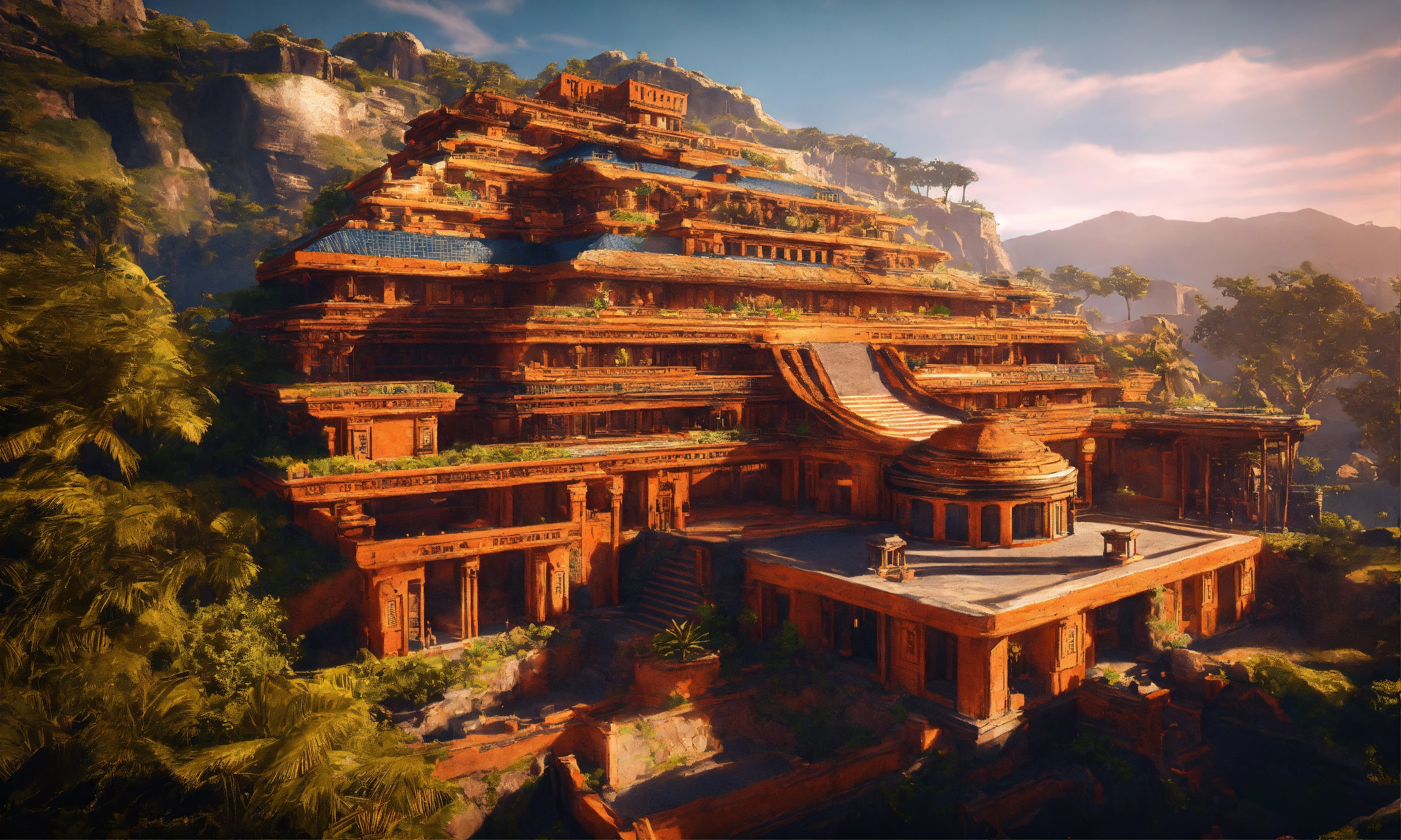 Lexica - Full image of a massive orange Aztec sci fi palace with a navy ...