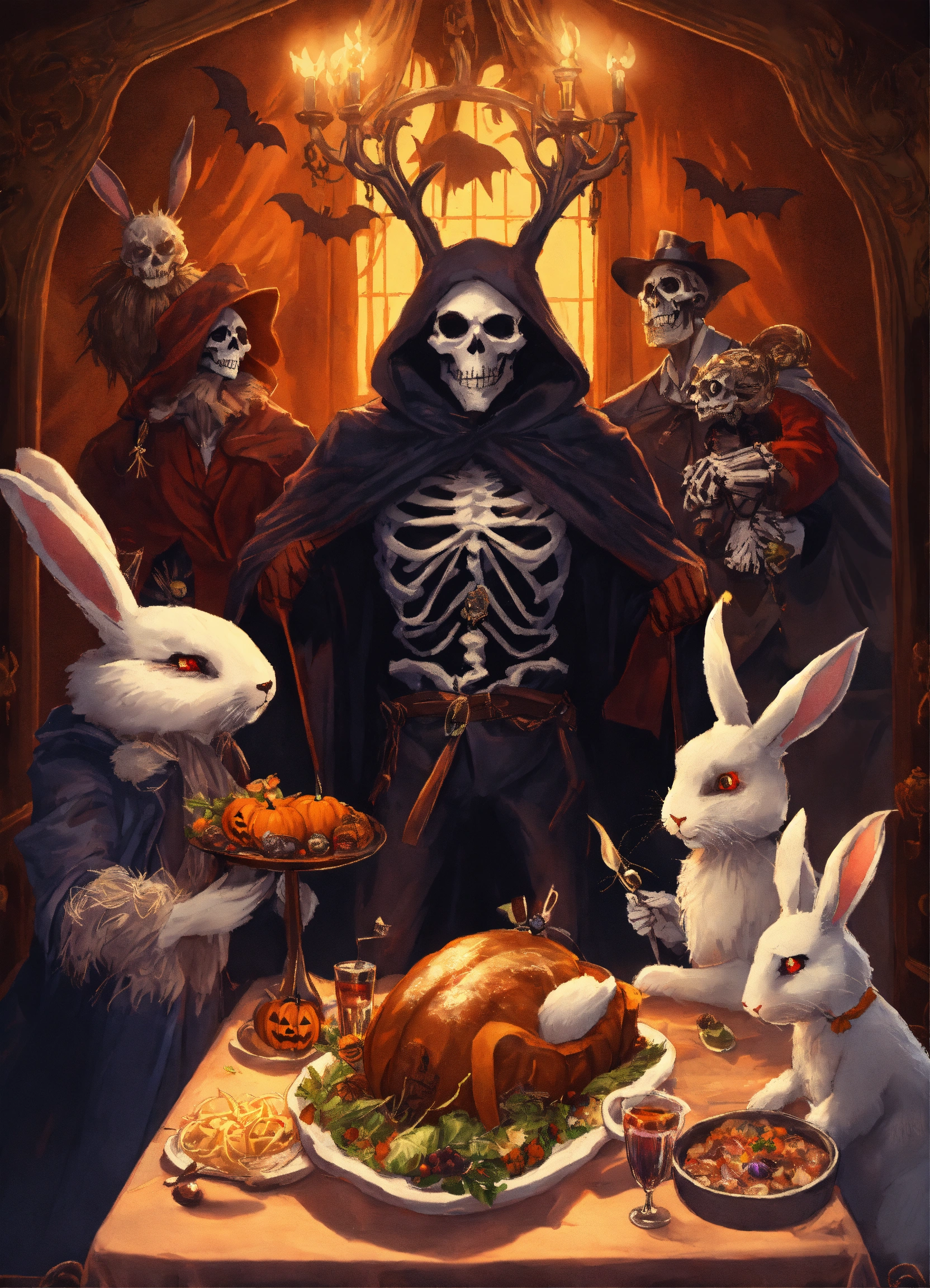 Lexica - Skeletal Grim Reaper in a dark robe, ghost, Halloween Bunny ...