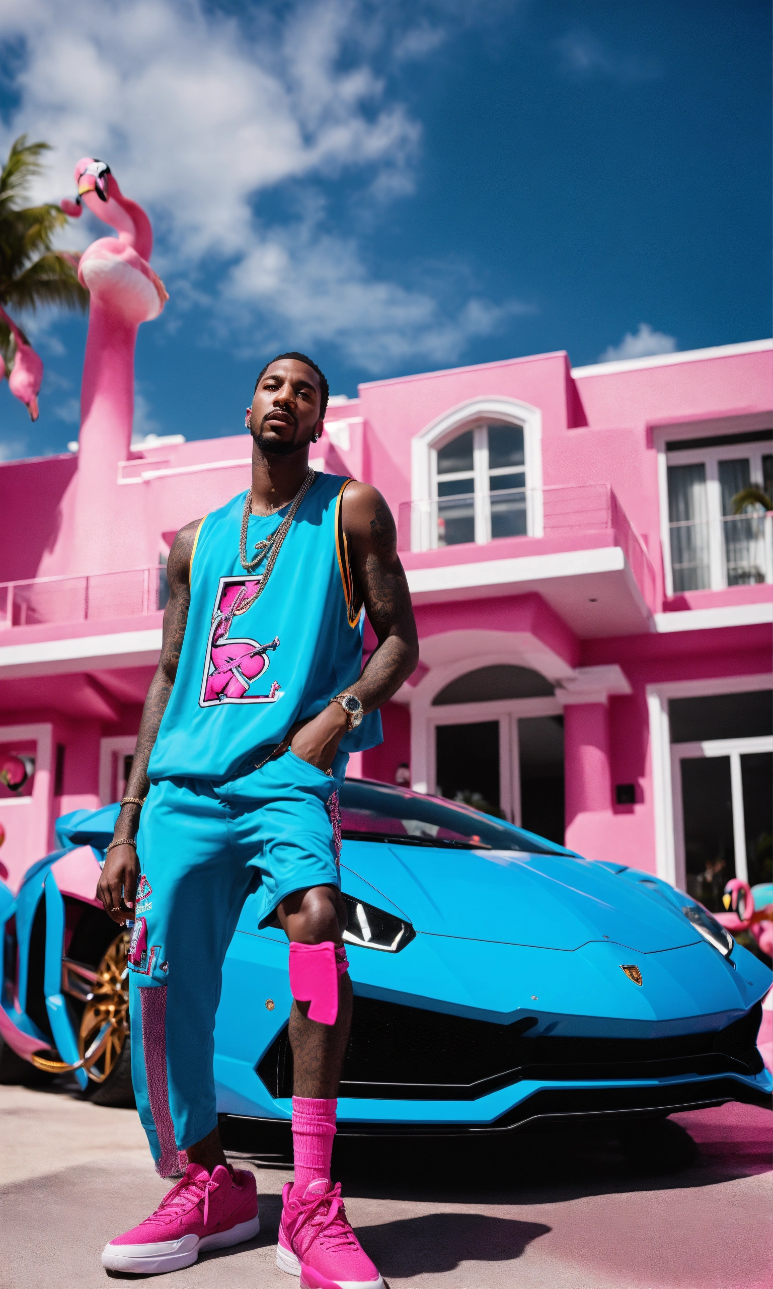 Lexica - Close up photos of a rapper in Miami Beach wear a blue Tiffany ...