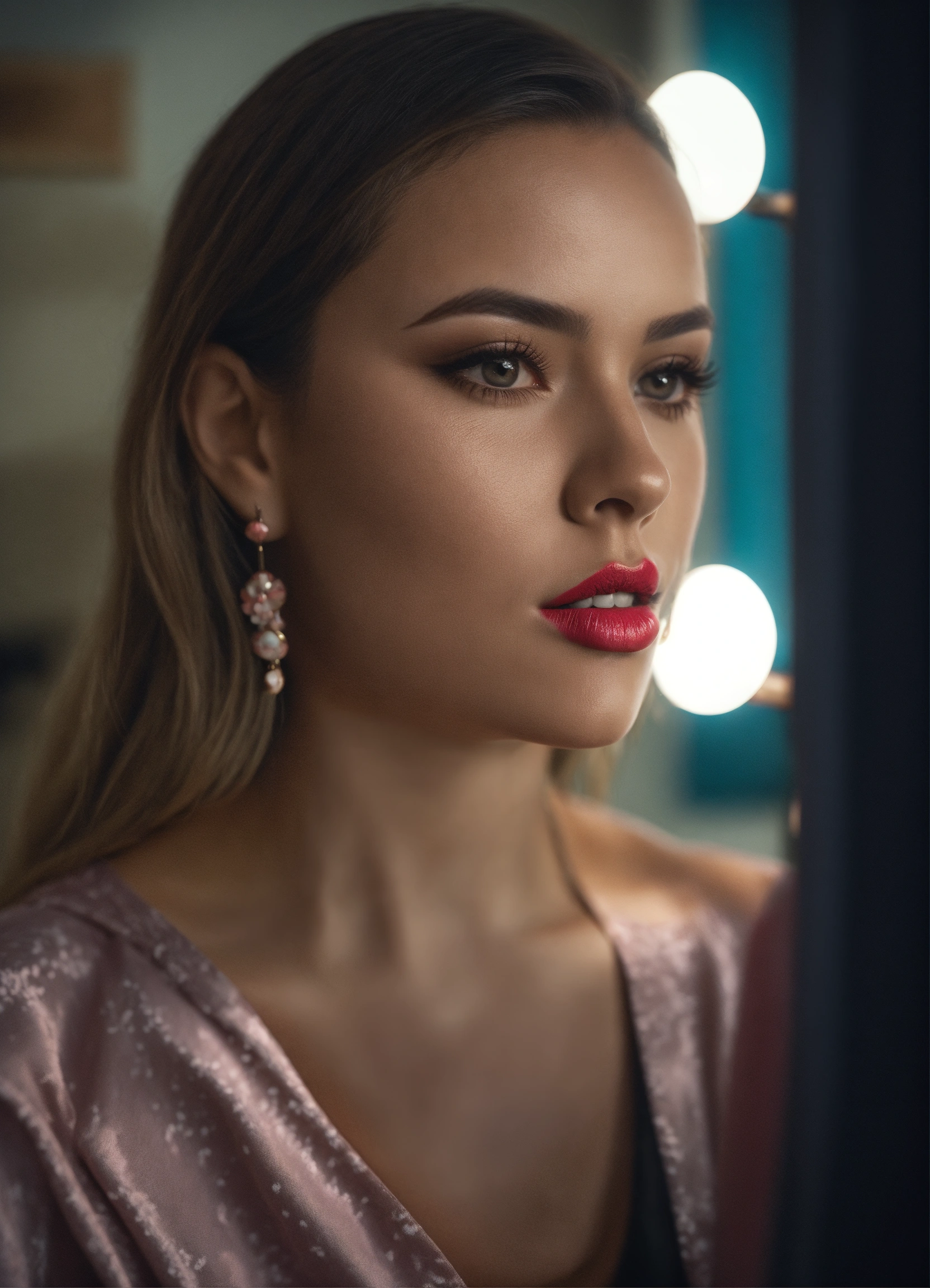 Lexica - Woman looking at the mirror putting lipstick, eyes on camera ...