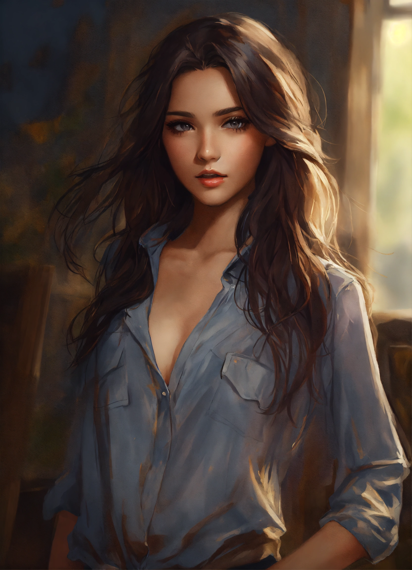 Lexica Portrait Draw Beautiful Girl Dark Hair Gray Eyes Open Shirt She Walks To The Post 6741