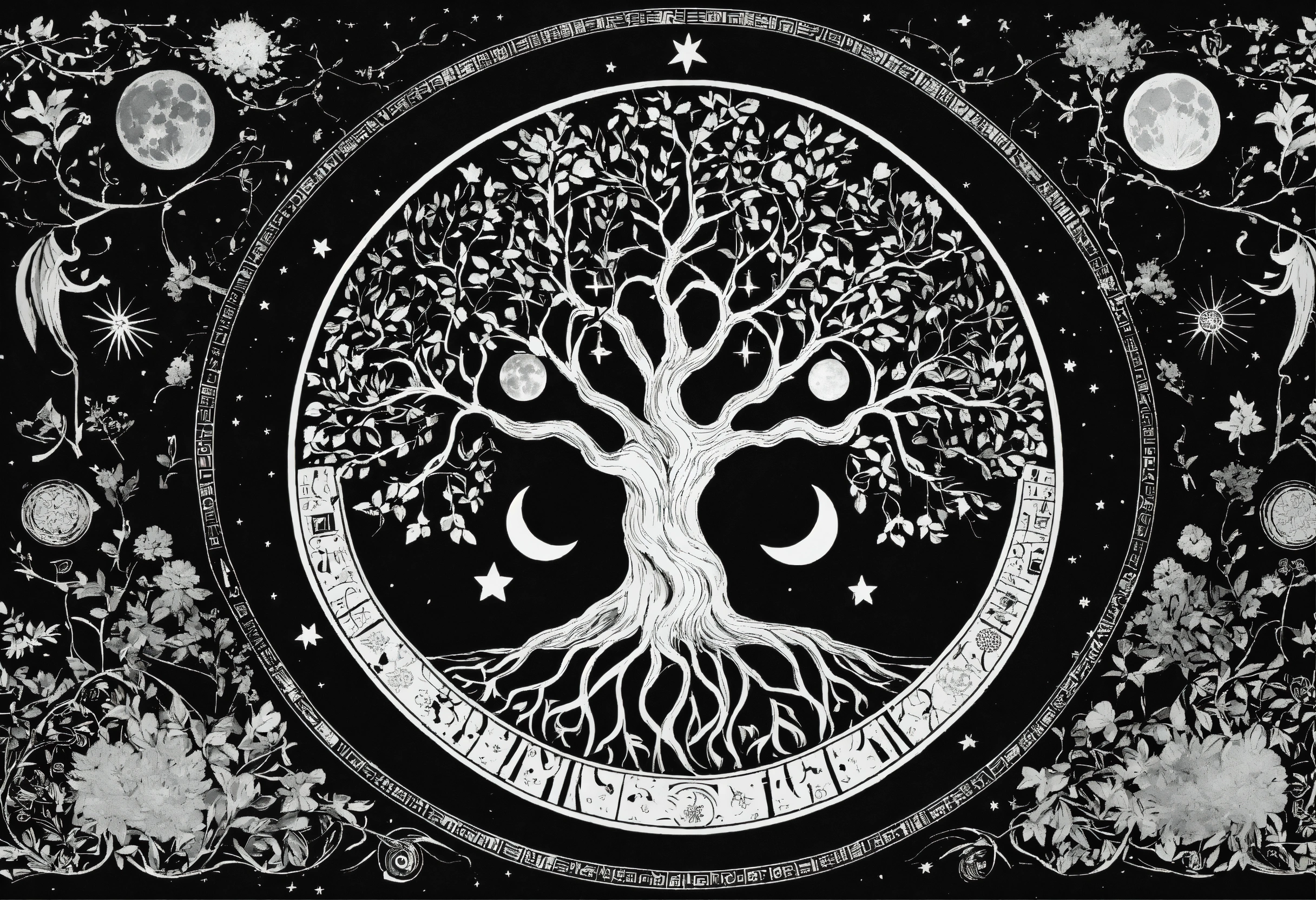 Lexica - Tree of life black and white no leaf with moon sun and stars