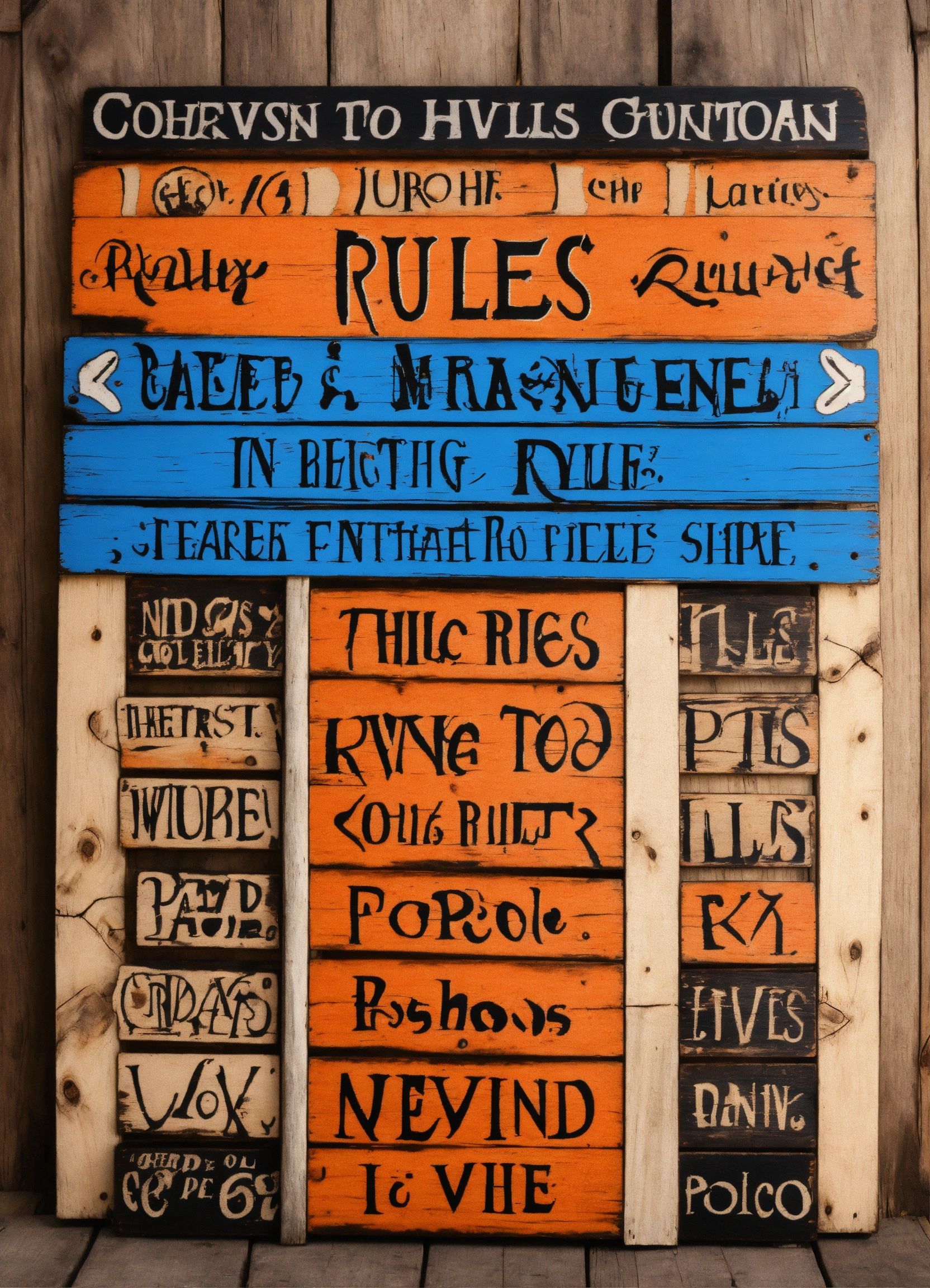 Lexica - Wooden sign with rules cartoon style, color blue-white, orange ...