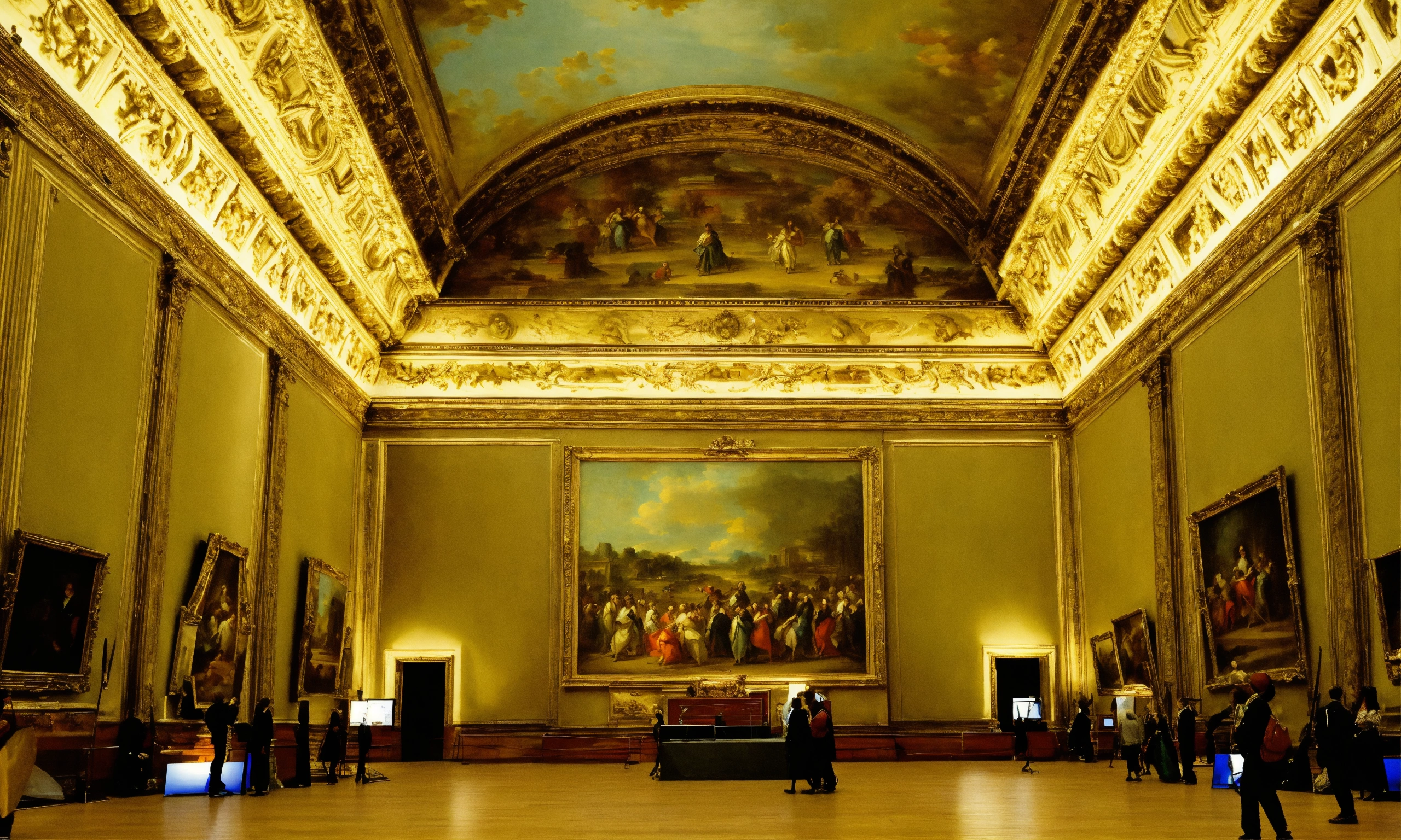 Lexica - Large room at the louvre with massive square painting on the wall.