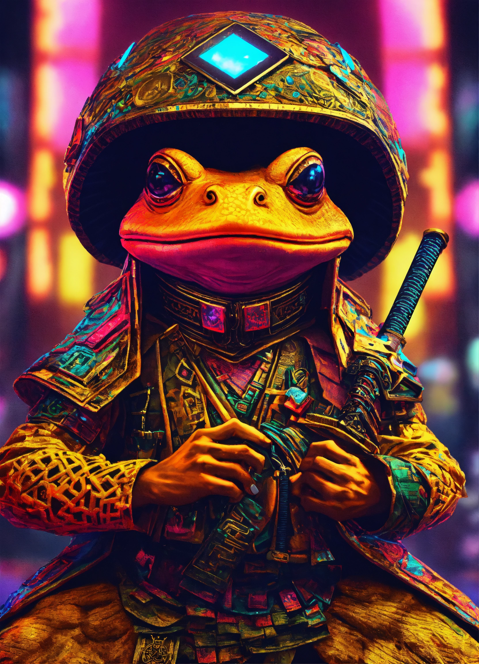 Lexica - A diamond metal occult toad as a Samurai with a sword in a ...