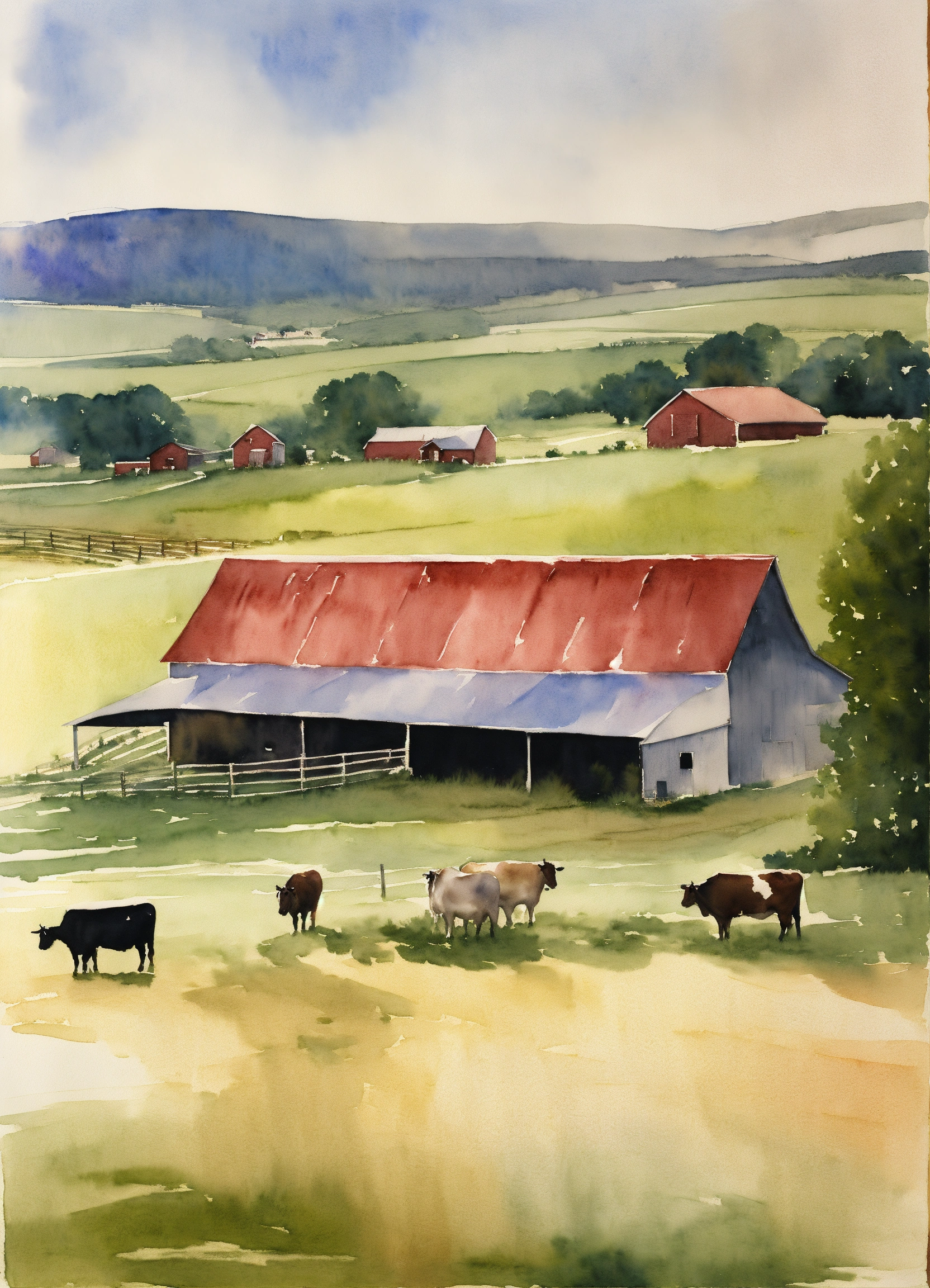 Lexica - Watercolor painting of a large farm, with a barn and cows