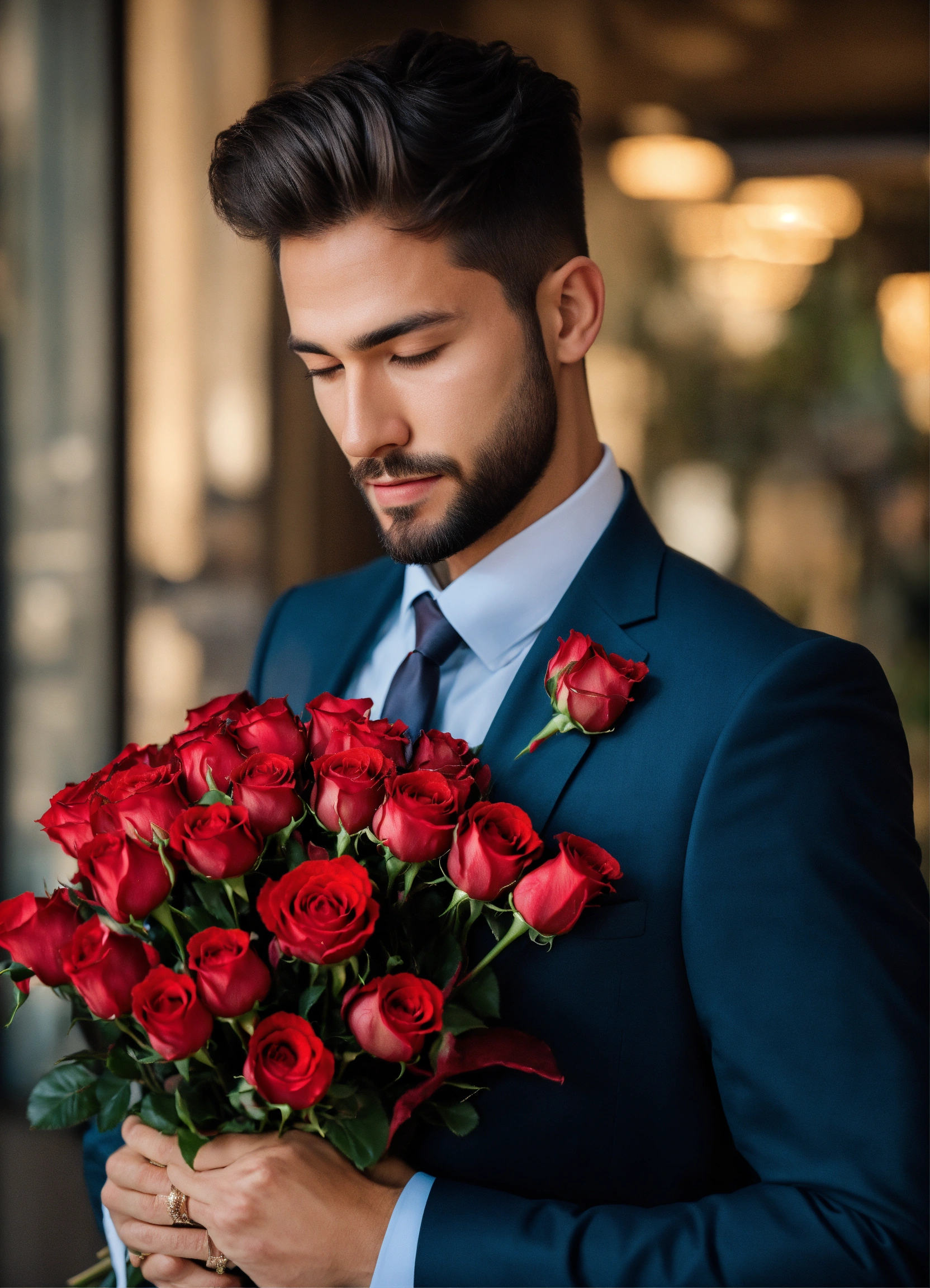 Lexica - A beautiful man wearing a suit grabbing a red roses bouquet ...
