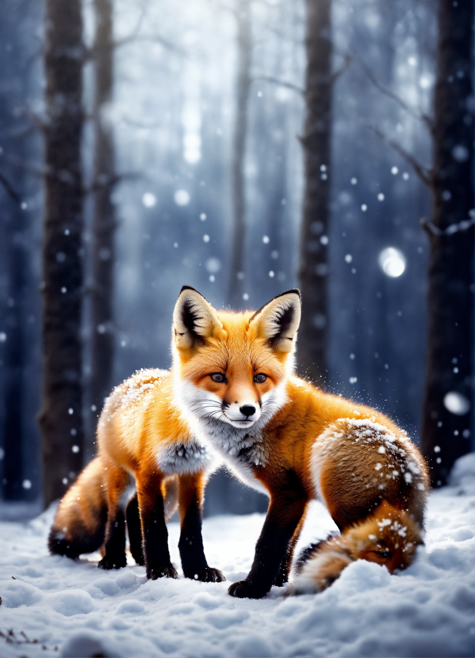 Lexica - Beautiful fox cubs playing in the snow in the moon light in a ...