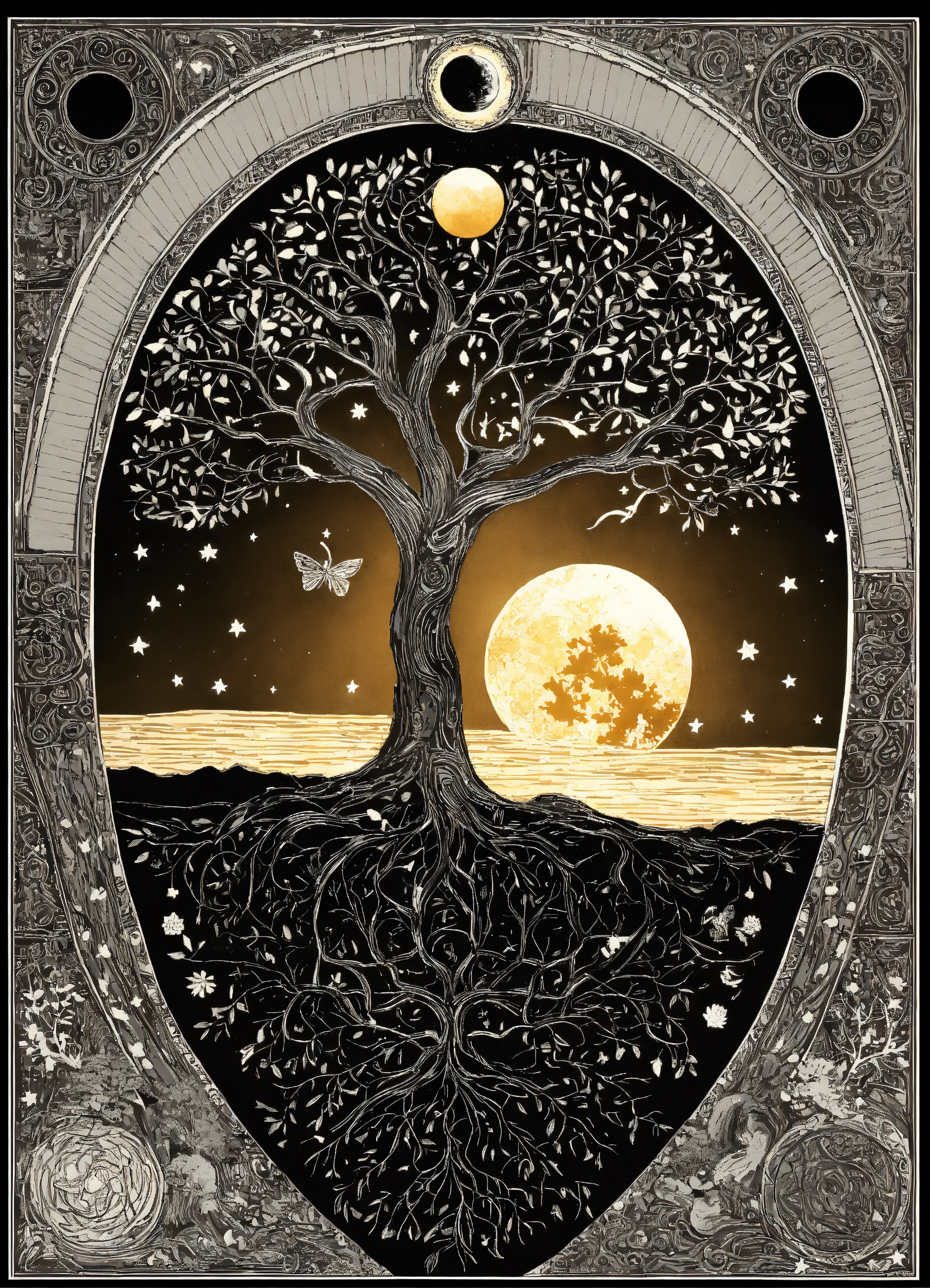 Lexica - Tree of life black and white no leaf with moon sun and stars