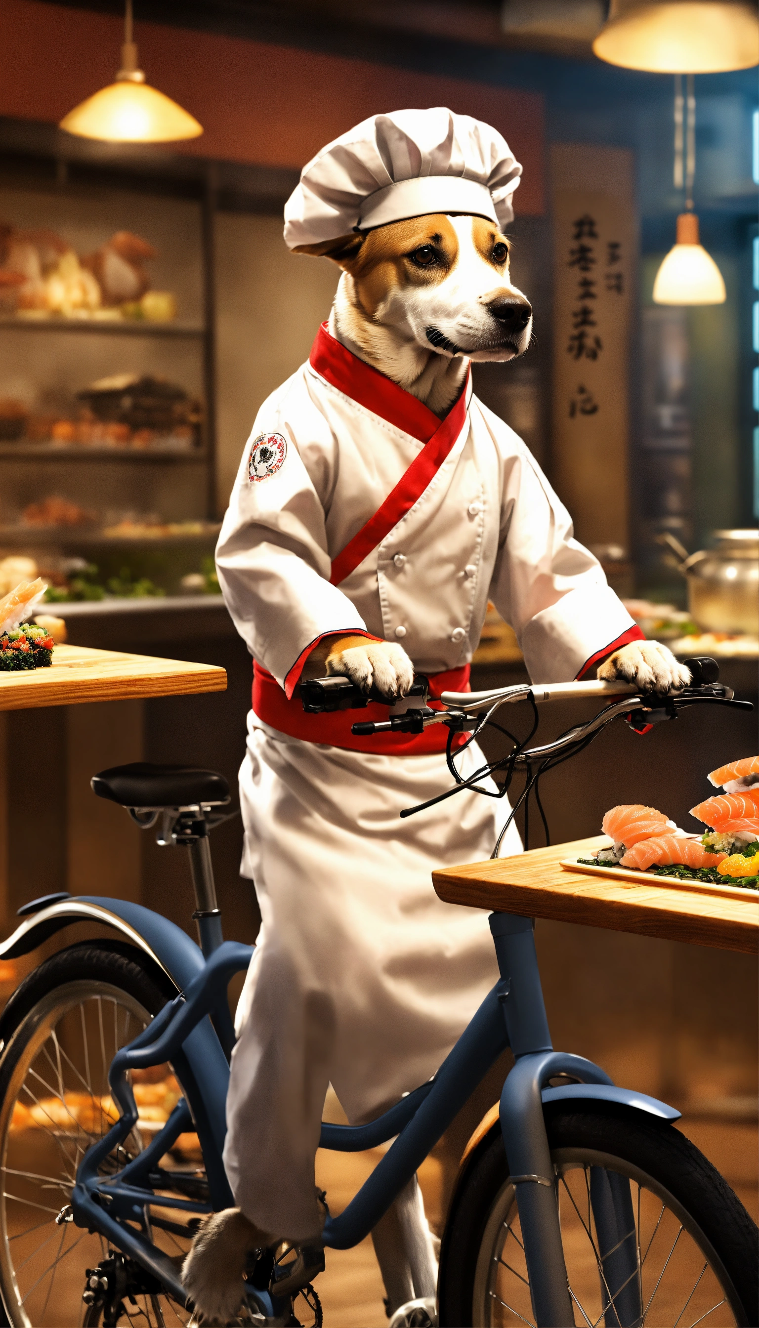 Lexica - Generate an image of a dog riding a bicycle as a sushi chef ...