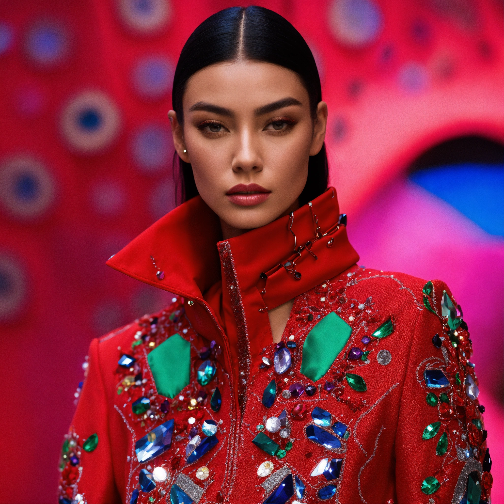 Lexica Dress fabric suéter red neons embroidered with esmerald and