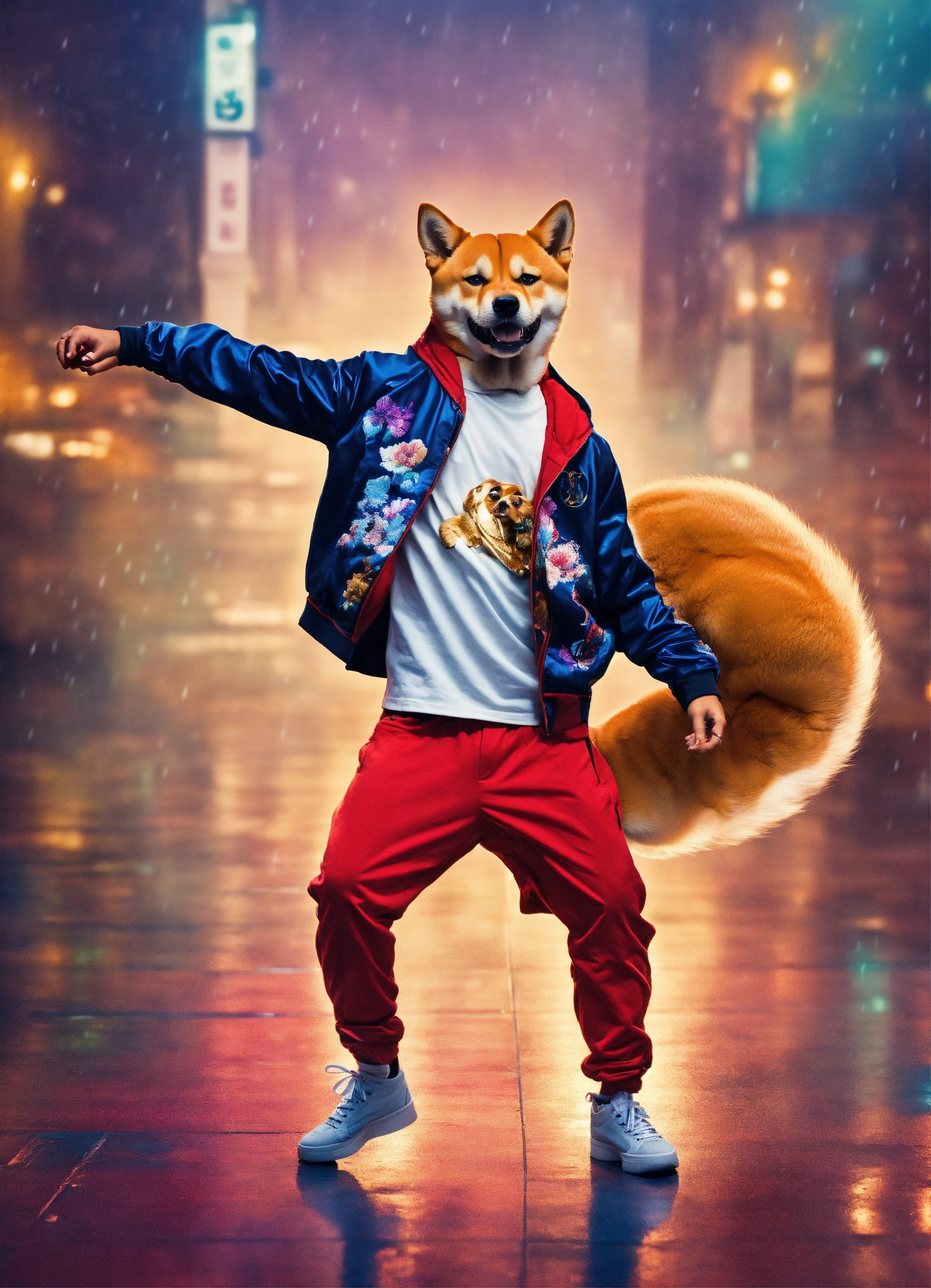 Lexica - A man with the head of a Shiba Inu dog are dancing hip hop ...