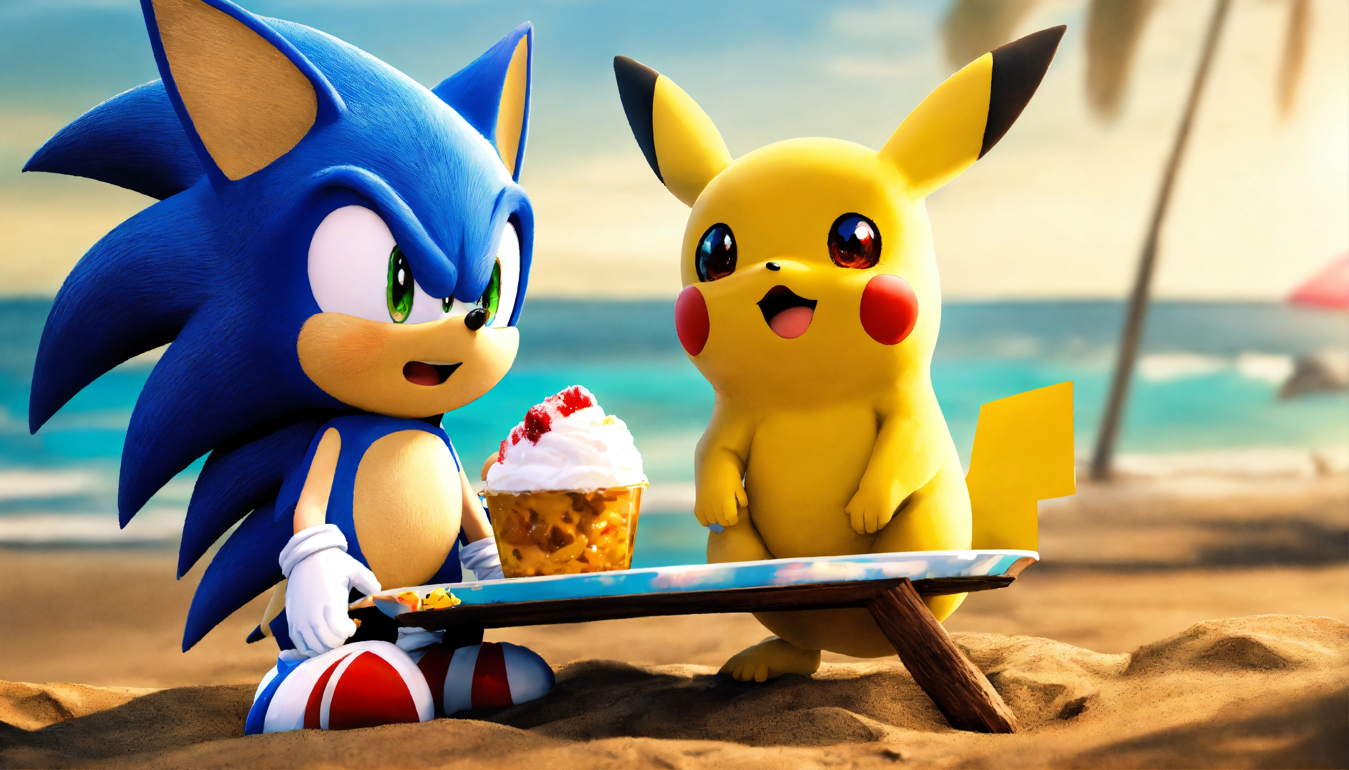 Lexica - Sonic e picachu , comendo sorvete na praia 8k