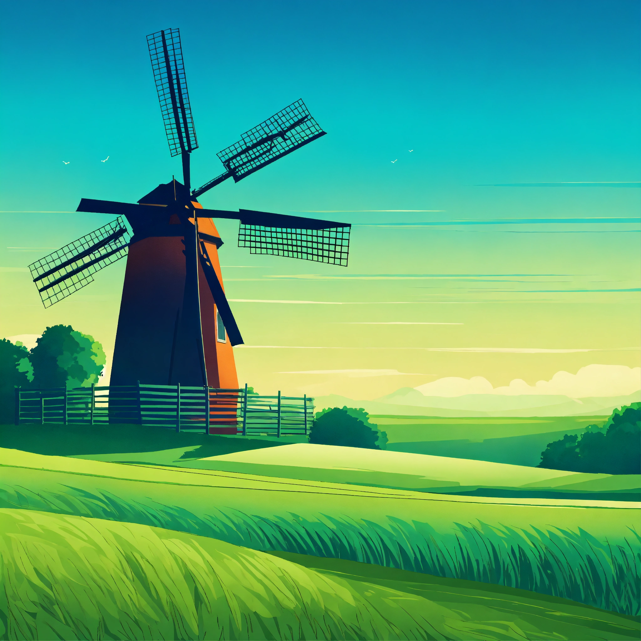 Lexica - Vector gradient background of a green field with a windmill in ...
