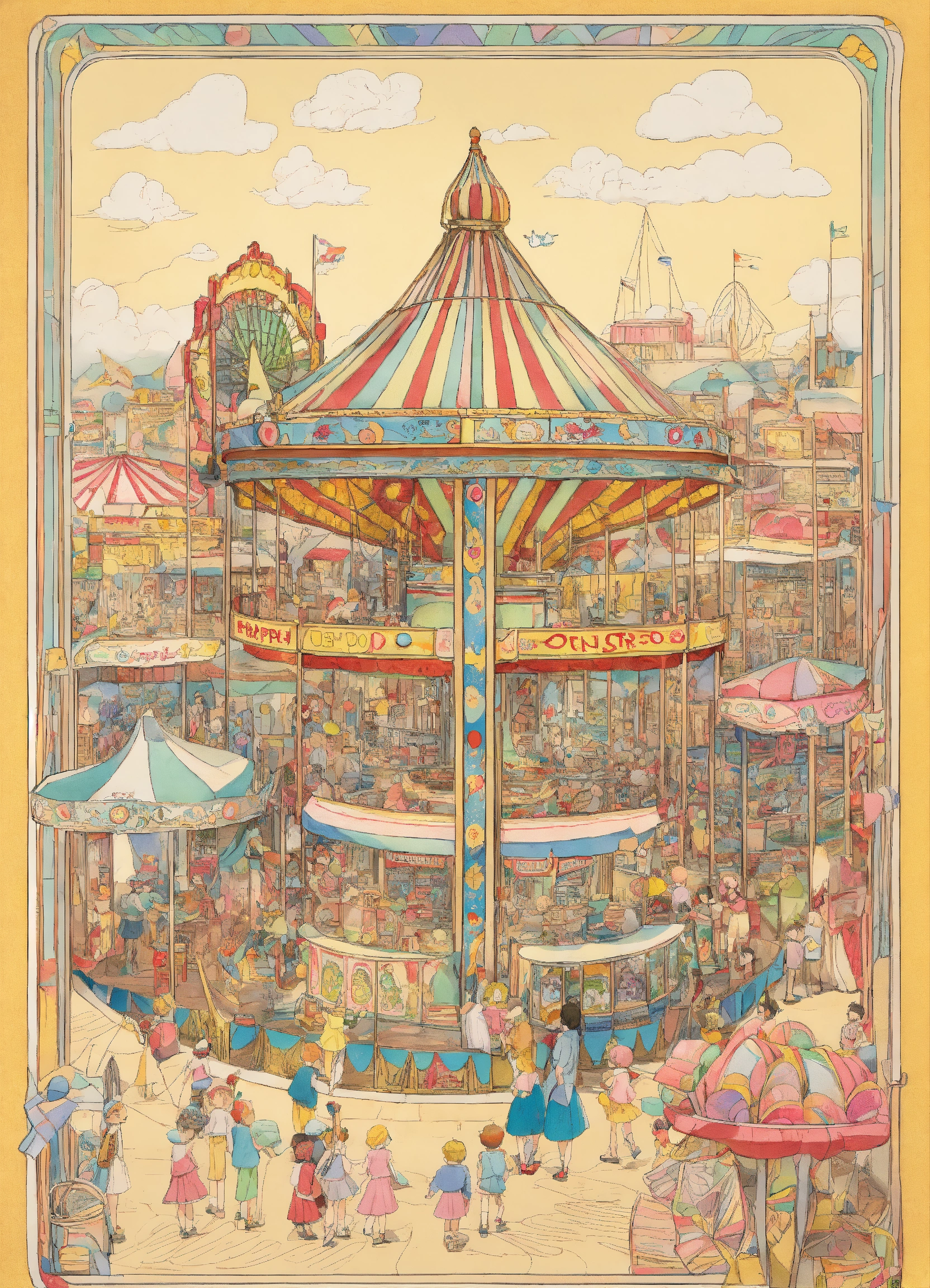 Lexica - Funfair. Drawing a funfair in the 50's with happy children and ...