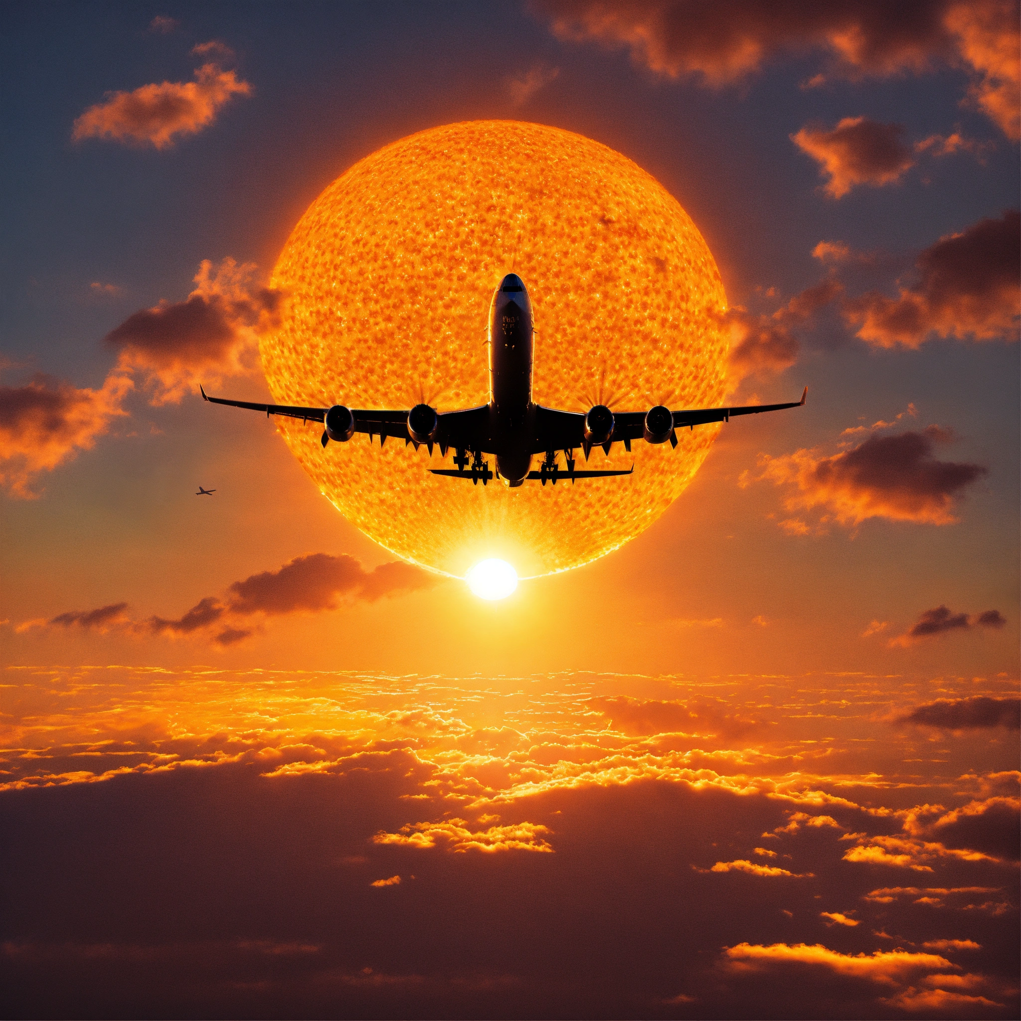 Lexica - Paining, aircraft silhouette passing in front of a giant sun ...