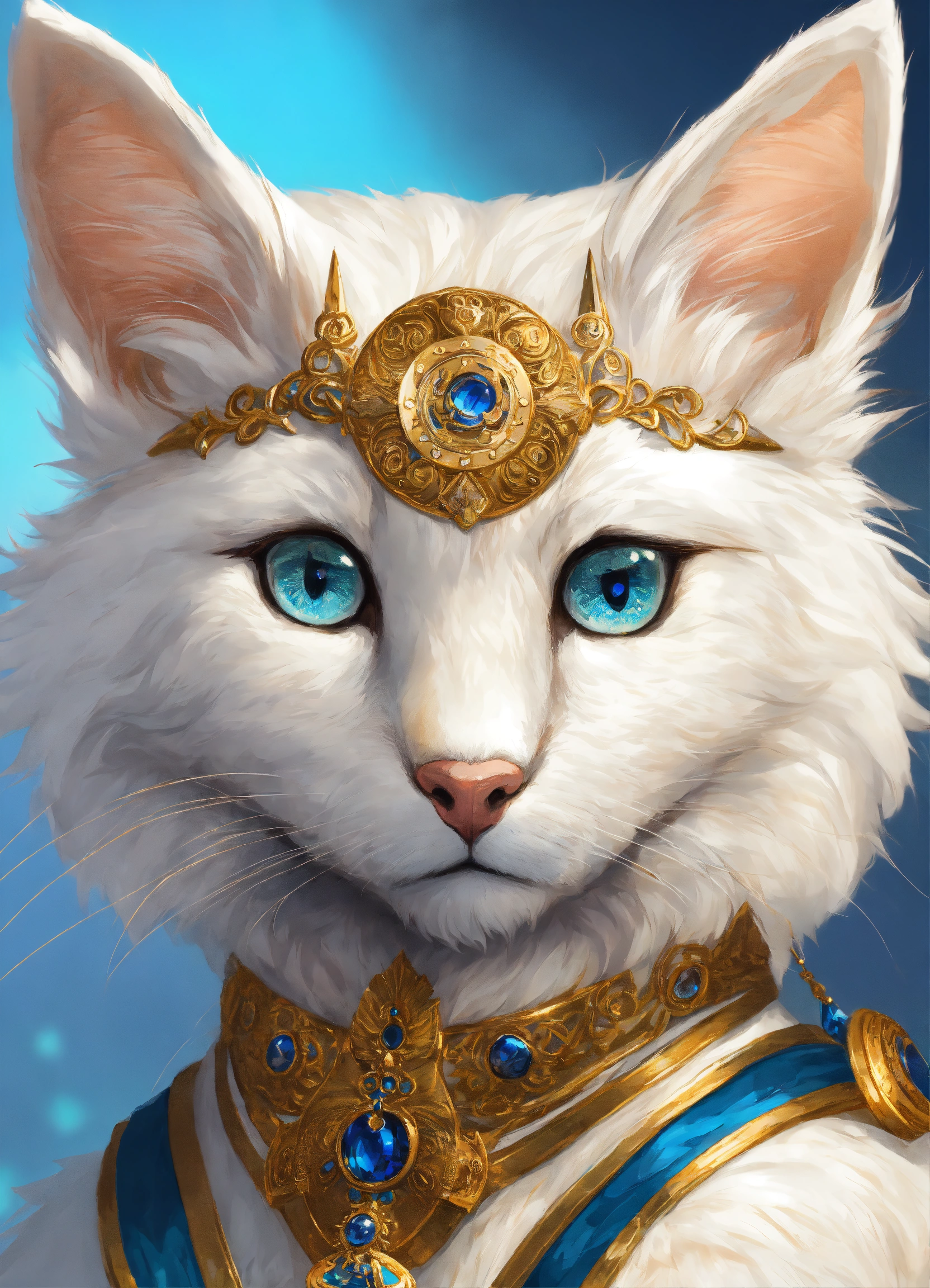 Lexica - Tabaxi white fur gold rosette spots, blue eyes, half body portrait