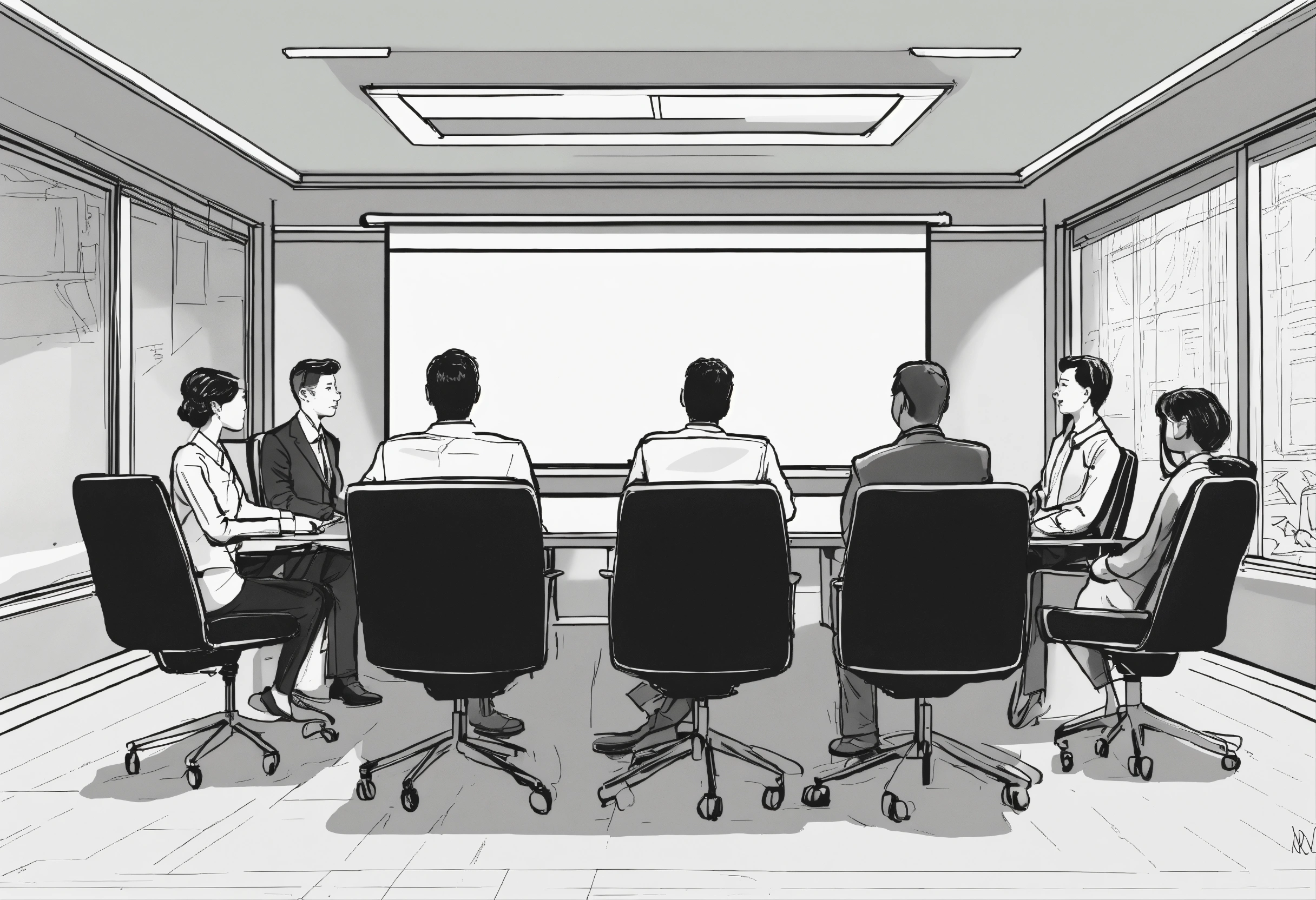 Lexica - Detailed line drawing of a conference room with four people ...