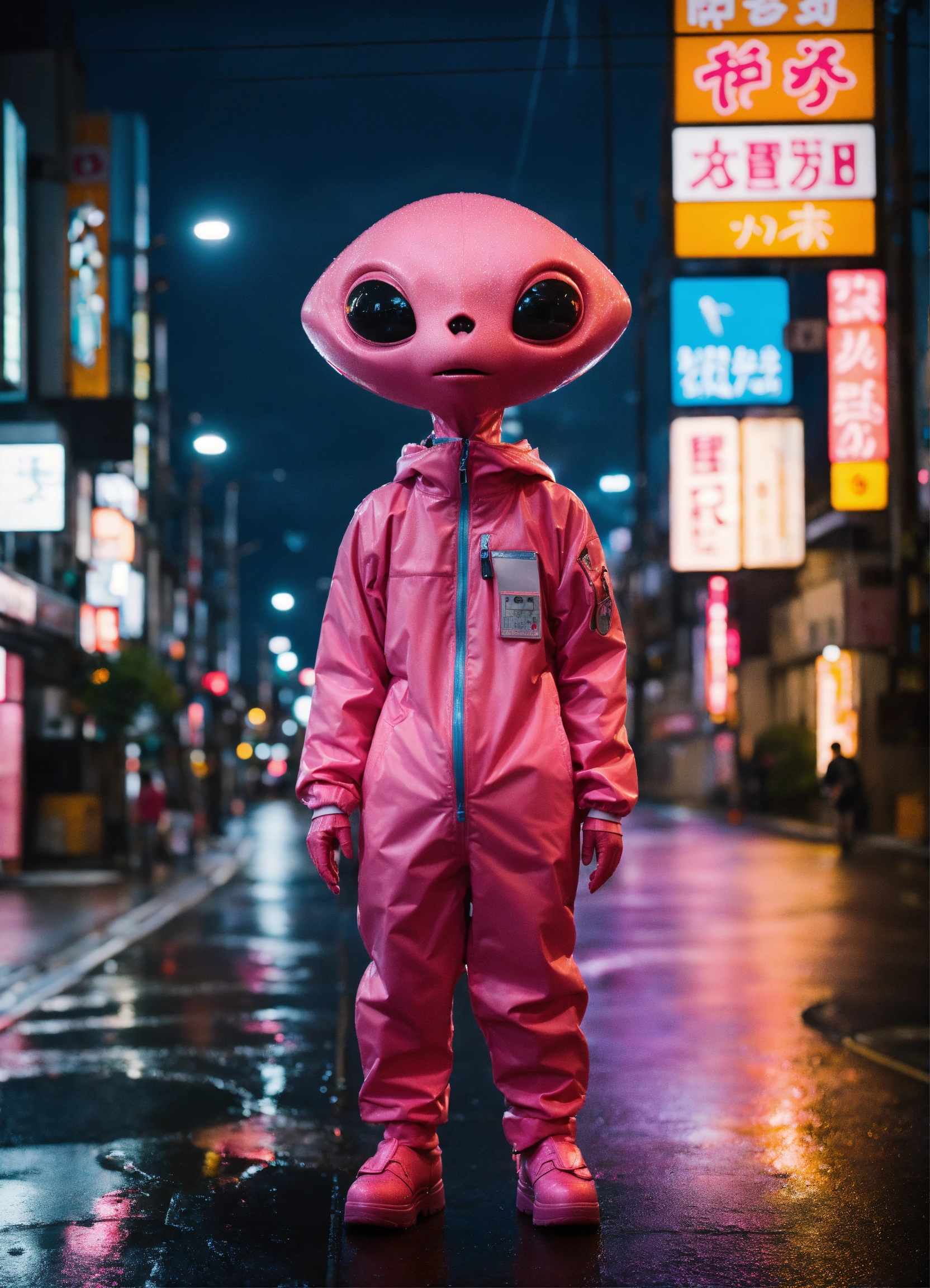Lexica - Very cute, realistic pink alien standing in the street of ...