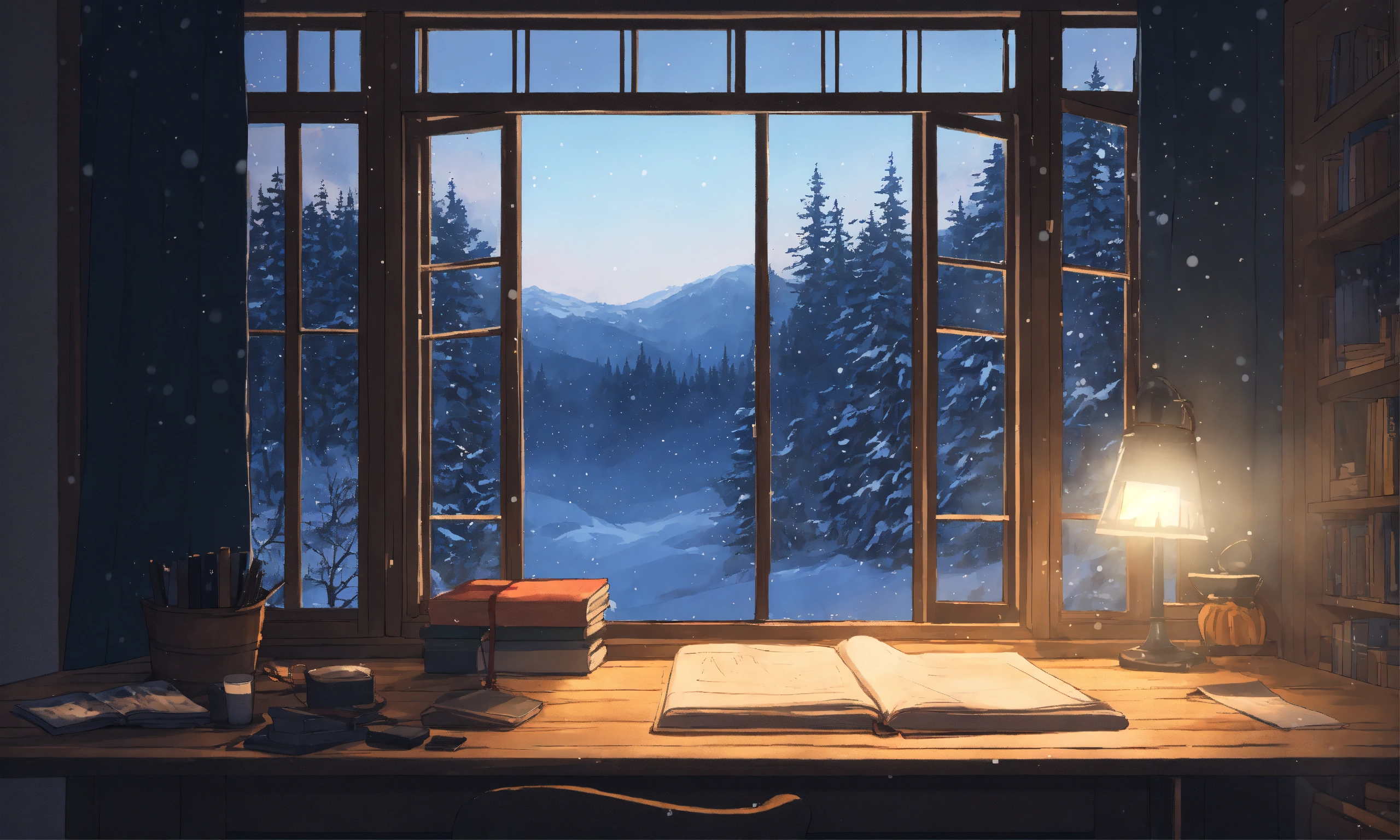Lexica - Study room in forrest cabin, dark grey washed tints, studio ...