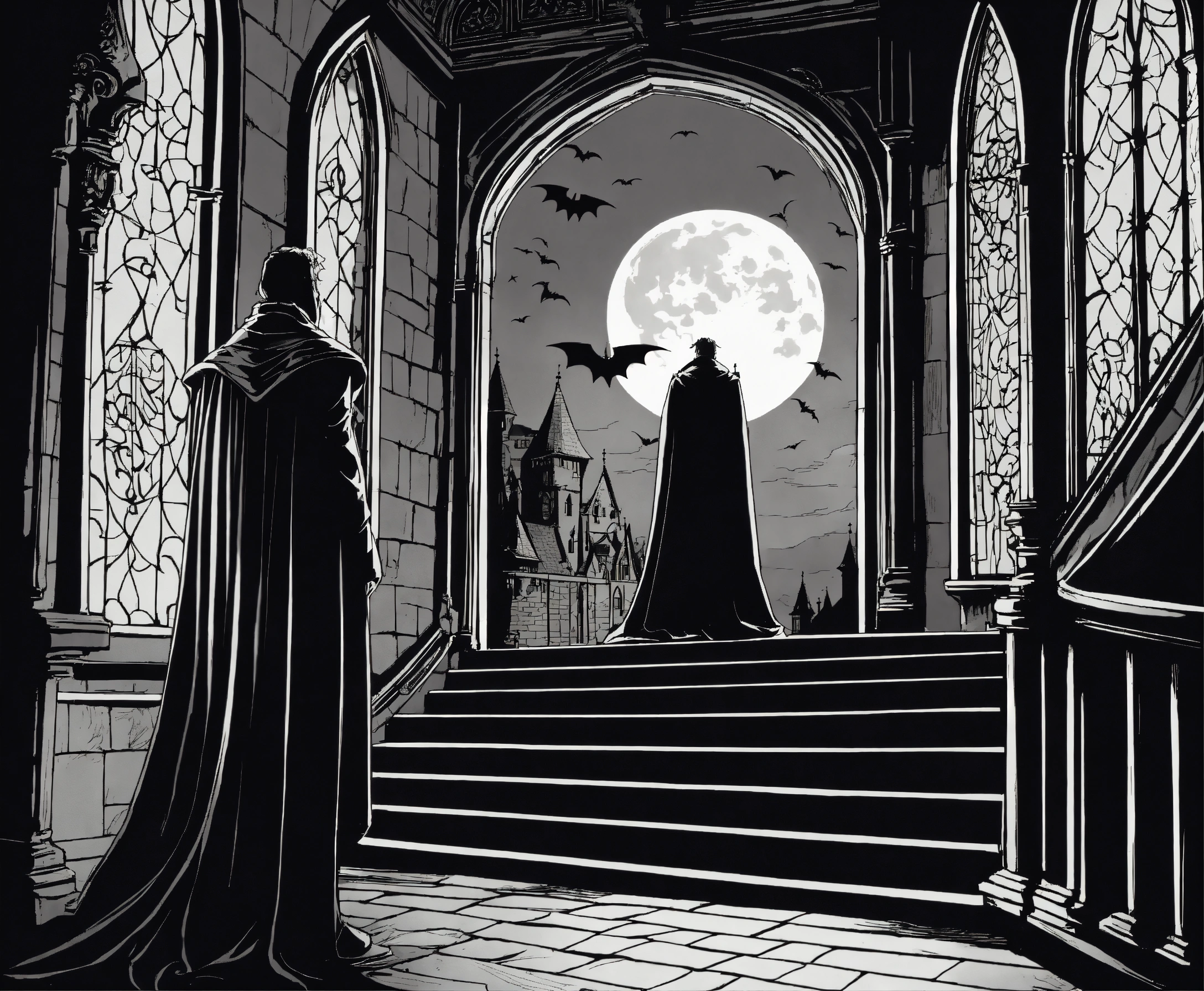 Lexica - Line art deep engraving; count Dracula in an old gothic castle ...