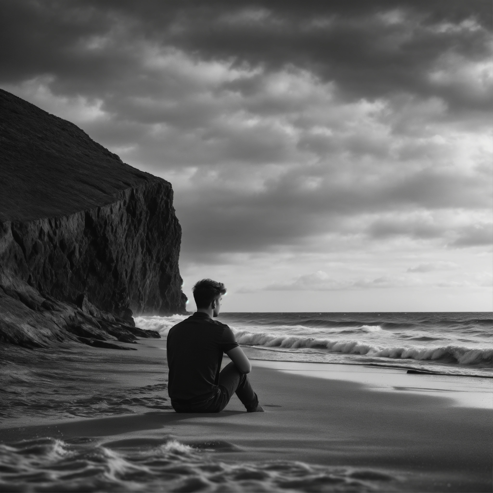 Lexica - Photorealistic, B&W, Grey Shades, Young Handsome Man Sitting ...