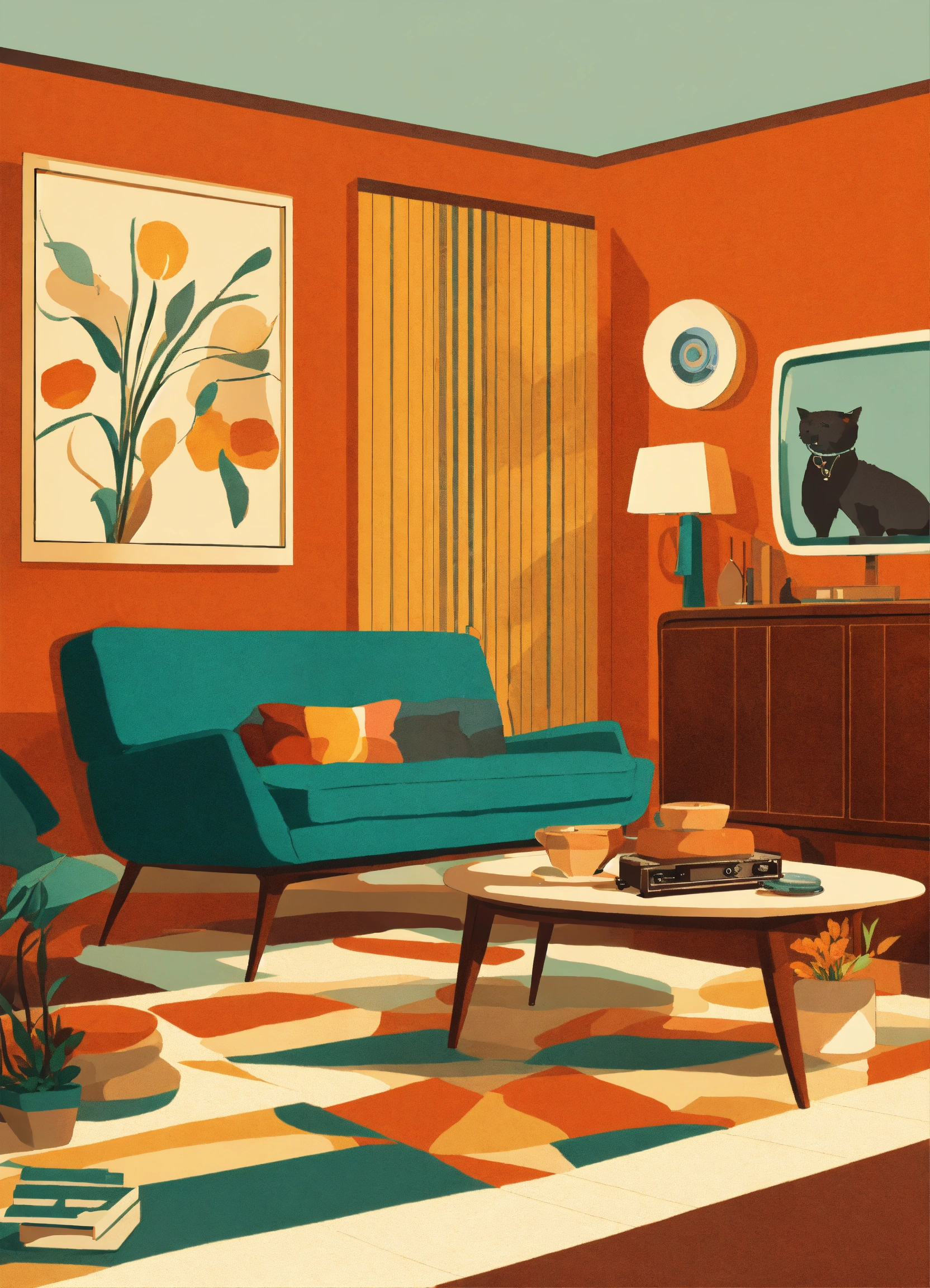 Lexica - A retro-inspired illustration of a mid-century living room ...