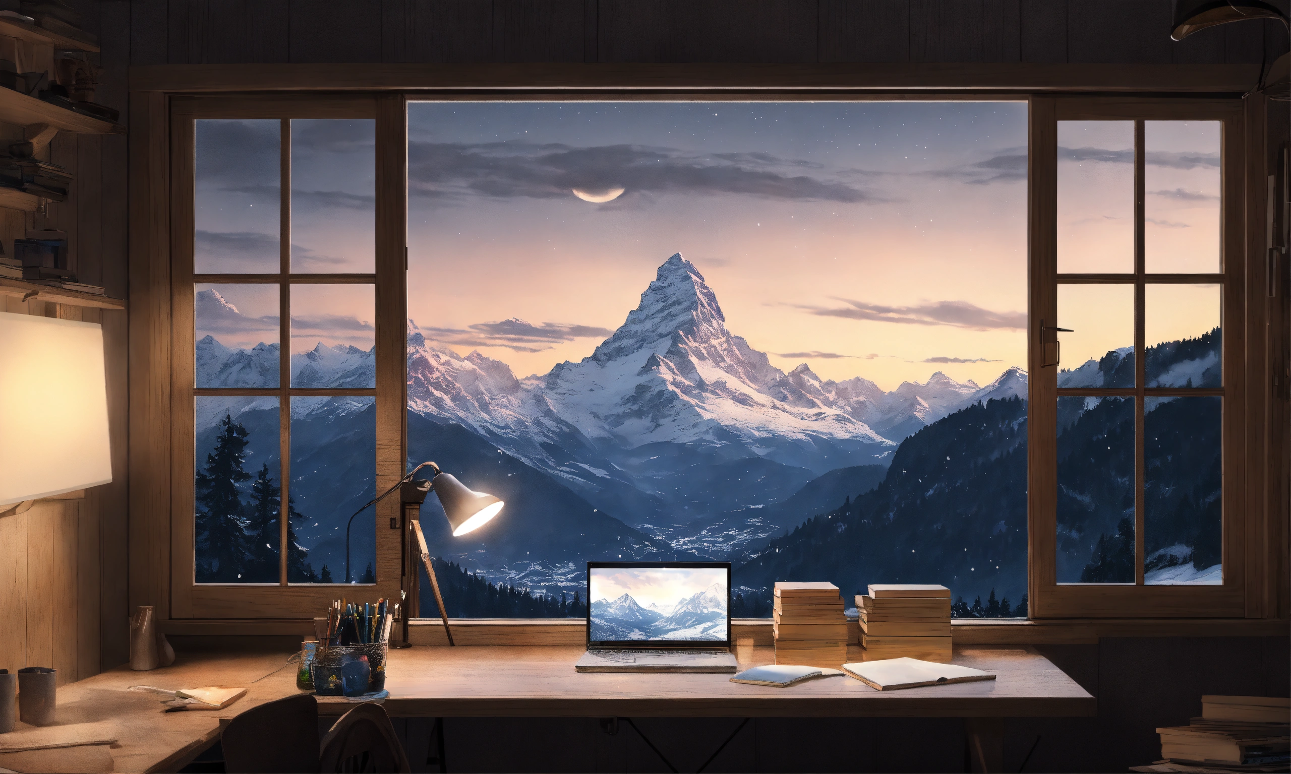 Lexica - Cozy cabin in swiss alps, image focused on study desk behind ...