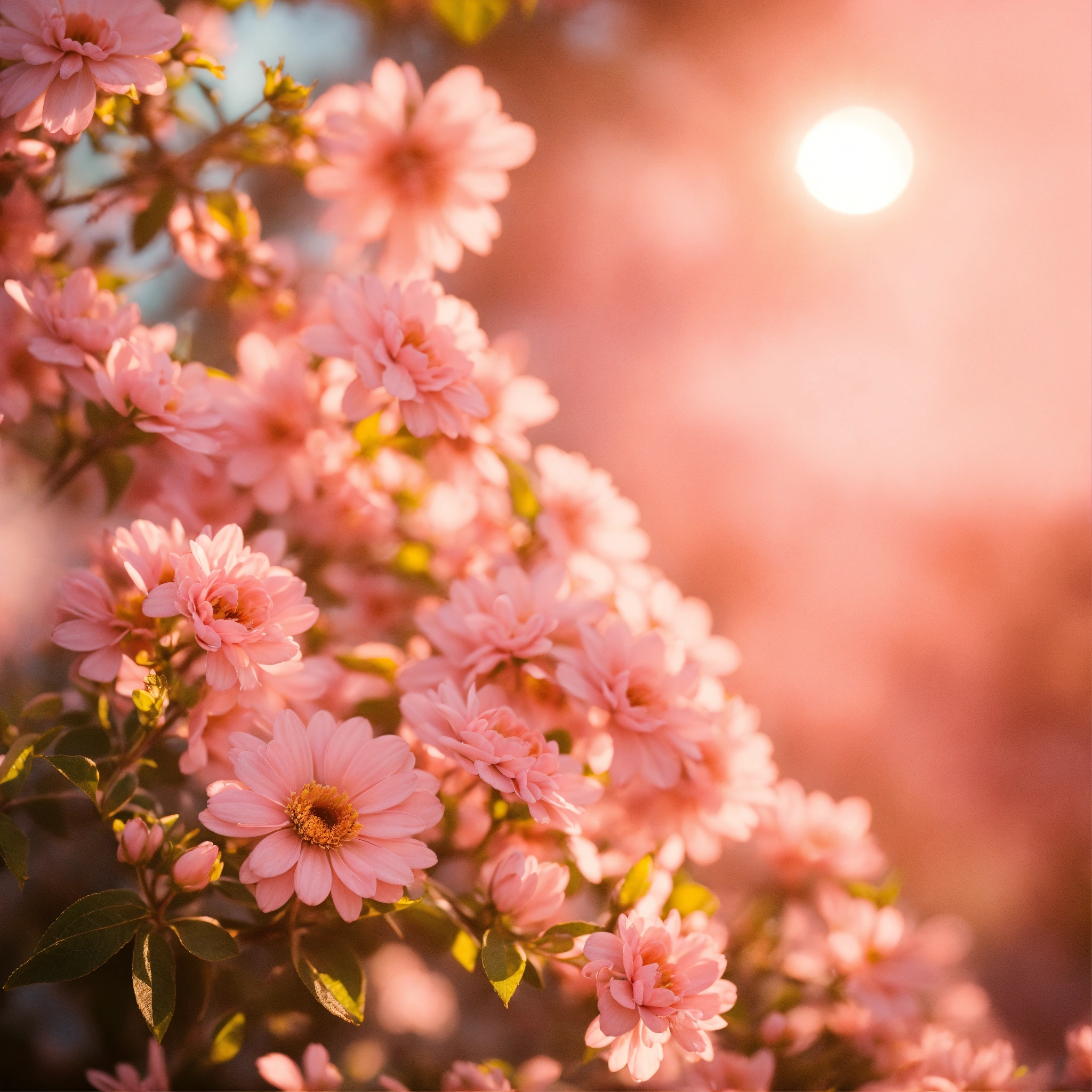 Lexica - Peachy pink loops with blurry flowers and the sun