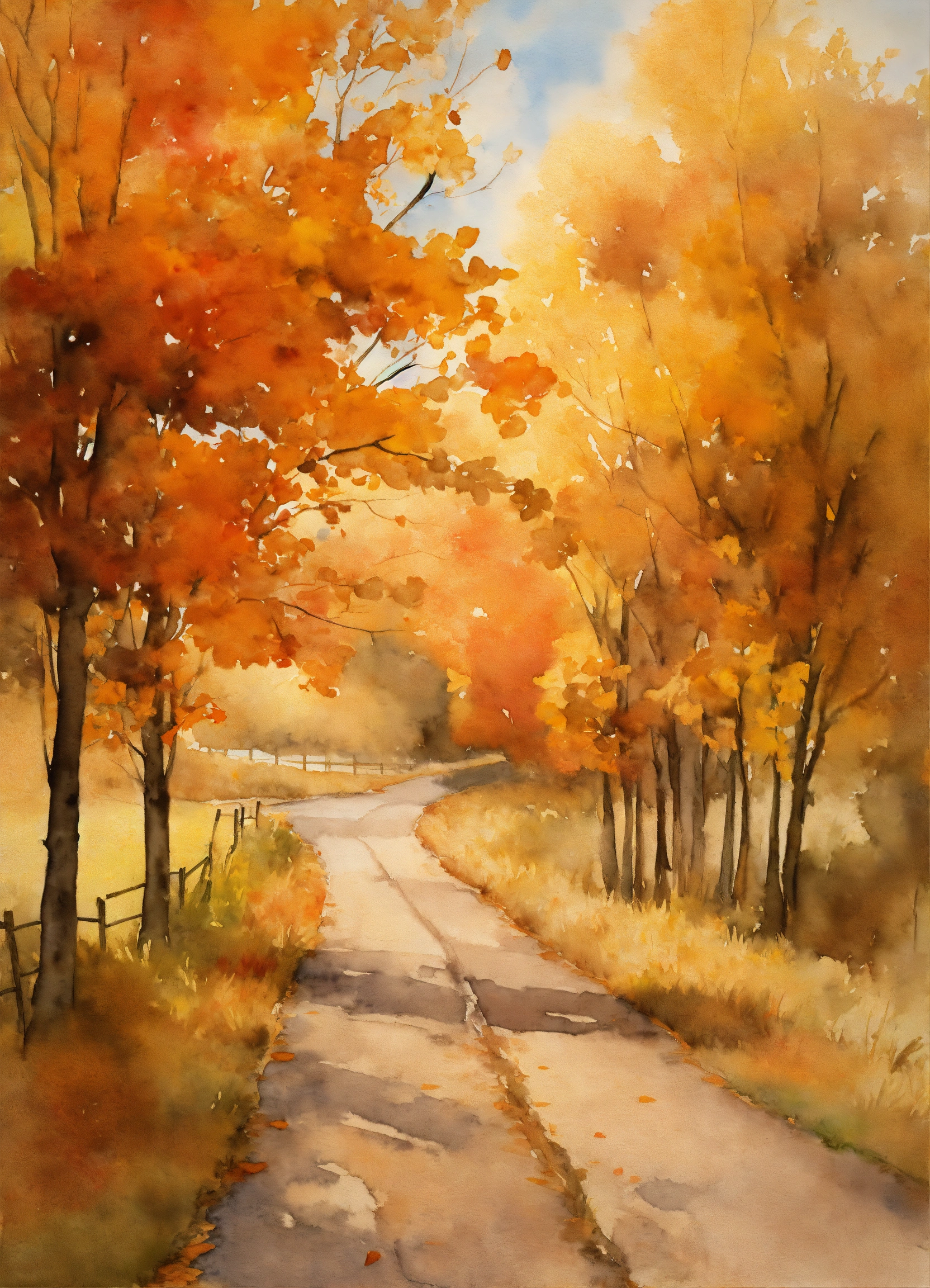 Lexica - Imagine prompt a watercolor painting of a country road lined ...