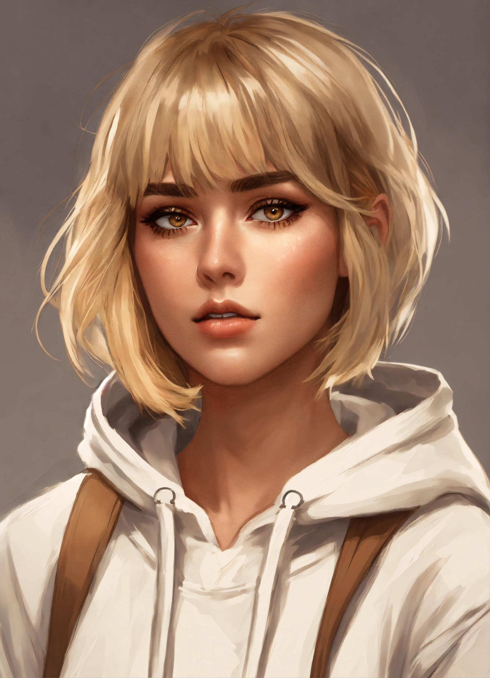 Lexica - White female, short dirty blonde hair with bangs, brown eyes,  heavy eyeliner, makeup, white hoodie, realistic cartoon