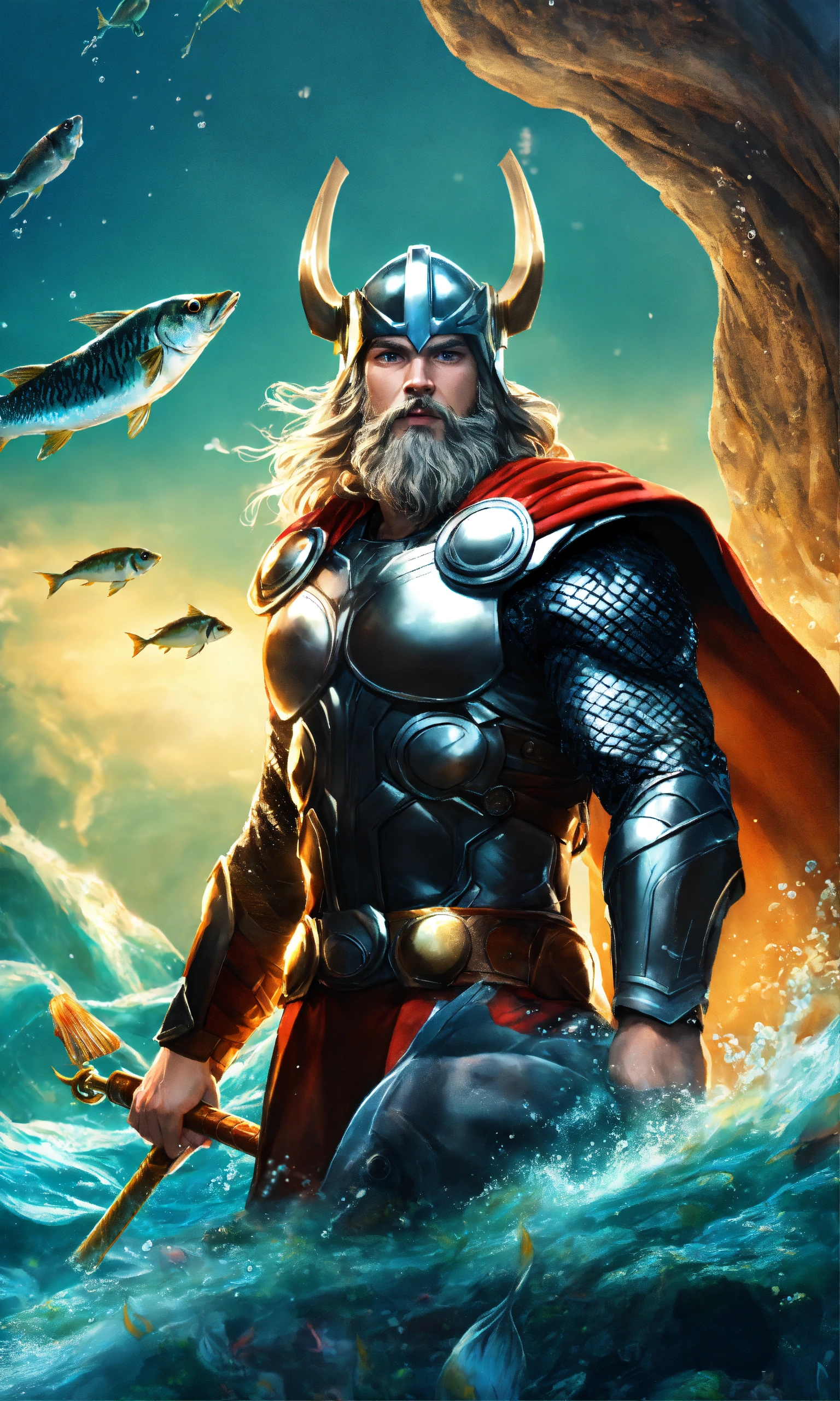 Lexica - Thor with fish underwater in the ocean, nature background, 2D ...