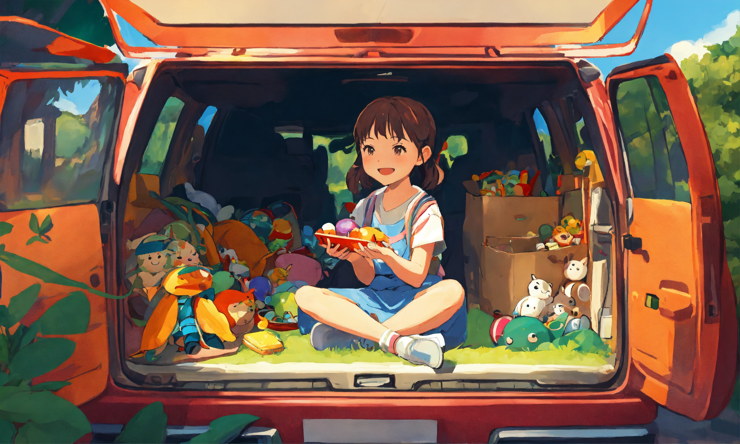 Lexica - A joyful young girl playing with toys in the back of a minivan ...