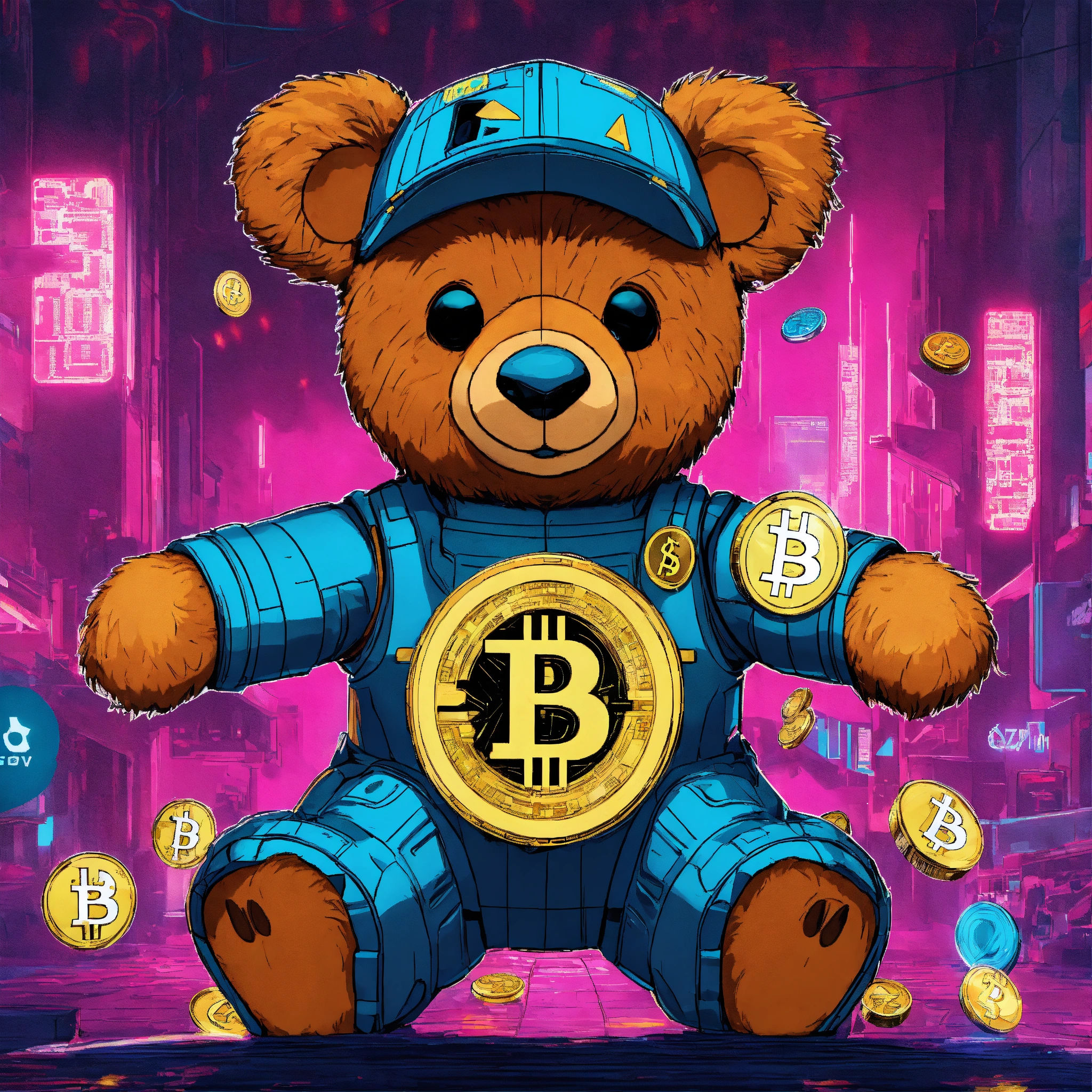 Lexica - Cyberpunk advertising poster of teddy bear , surrounded by ...