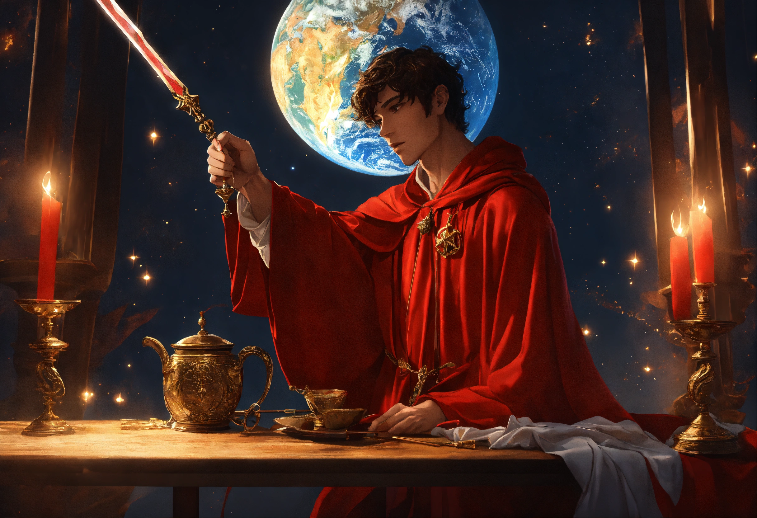Lexica - A young male in the white robe and red cloak with one hand ...