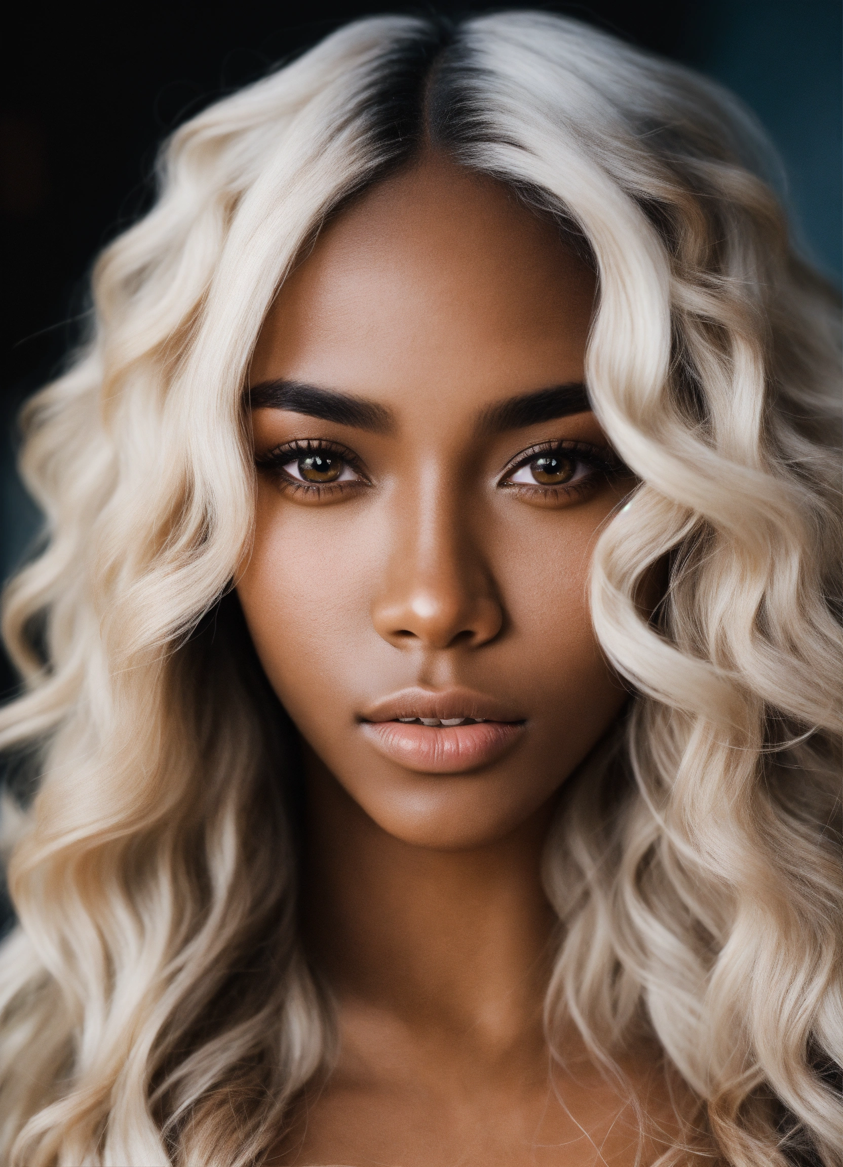 Lexica - Black woman, caramel skin, long white wavy hair, white eyes