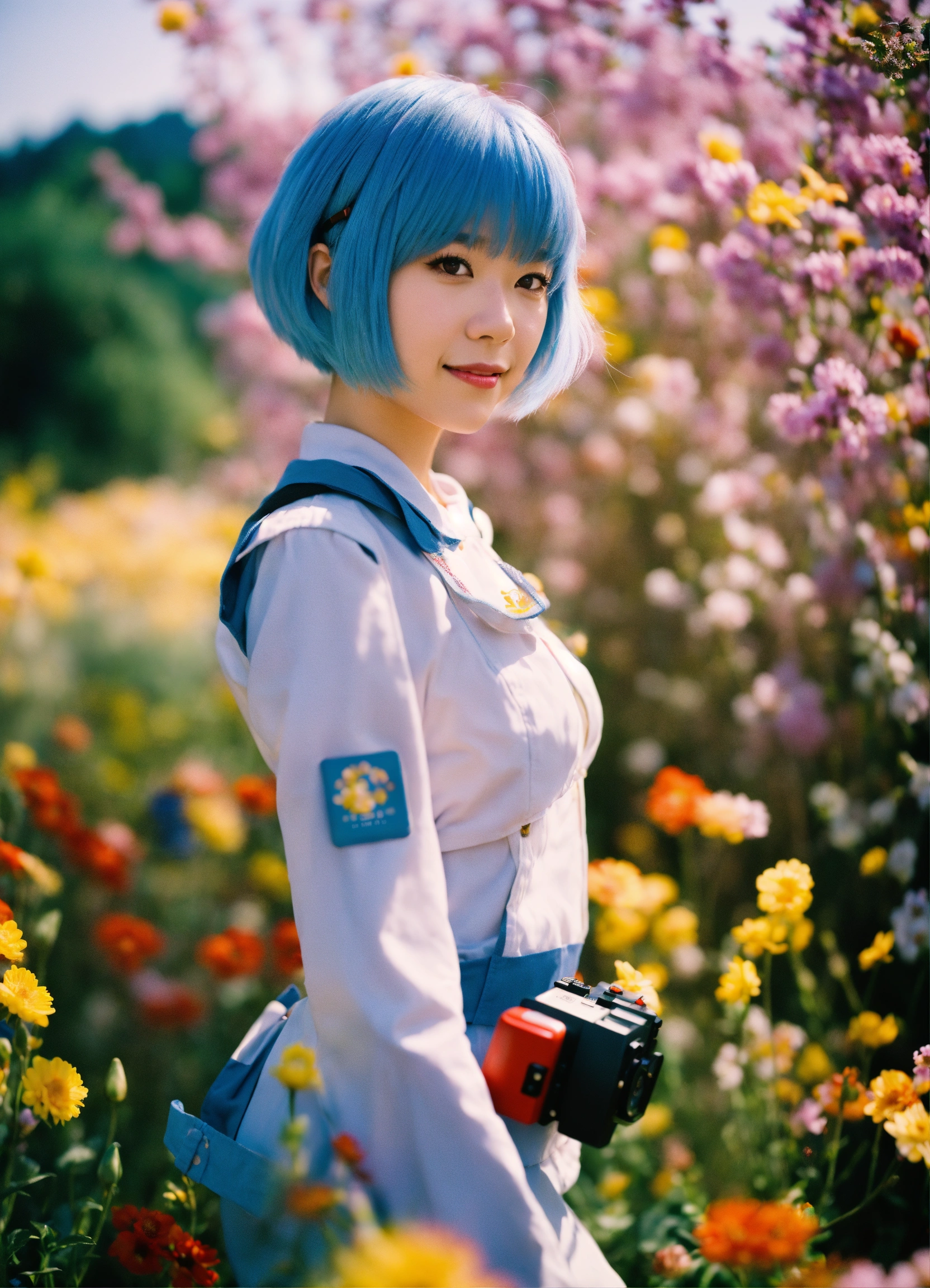 Lexica - Happy Rei Ayanami standing in a beautiful field of